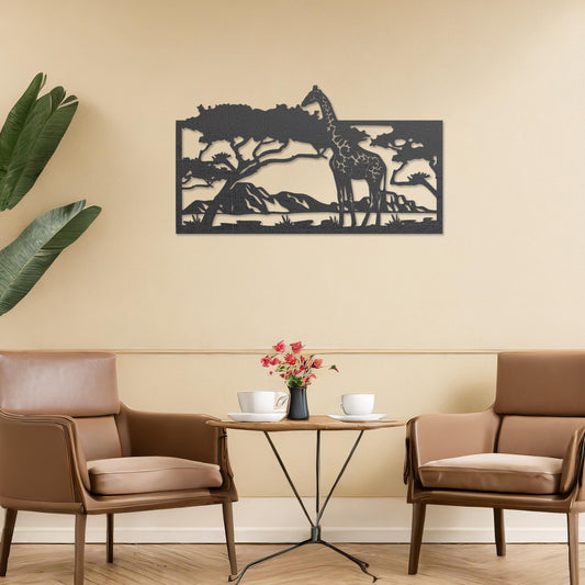 Wooden wall art showcasing a majestic giraffe under an acacia tree, set against a serene savanna landscape. Placed on a neutral wall in a modern room decor, this piece adds an exotic and tranquil touch to the space.