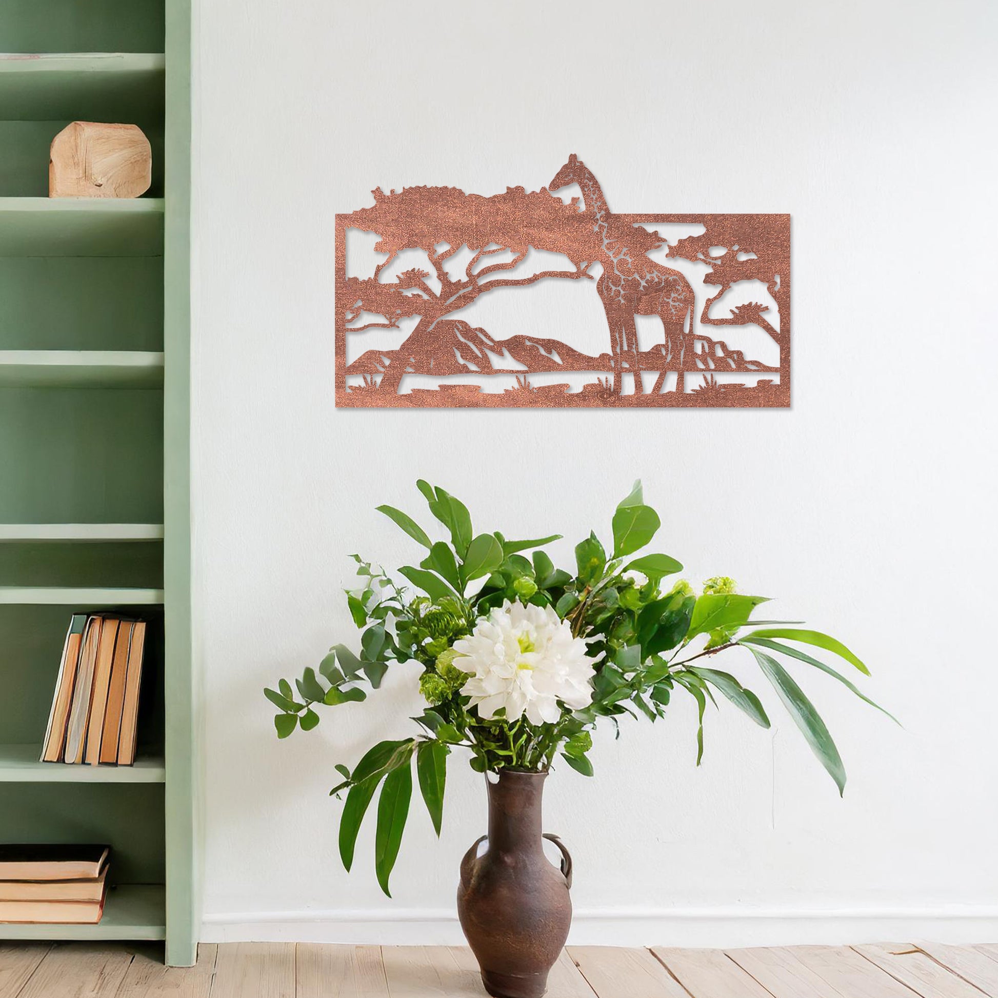 Wooden wall art showcasing a majestic giraffe under an acacia tree, set against a serene savanna landscape. Placed on a neutral wall in a modern room decor, this piece adds an exotic and tranquil touch to the space.