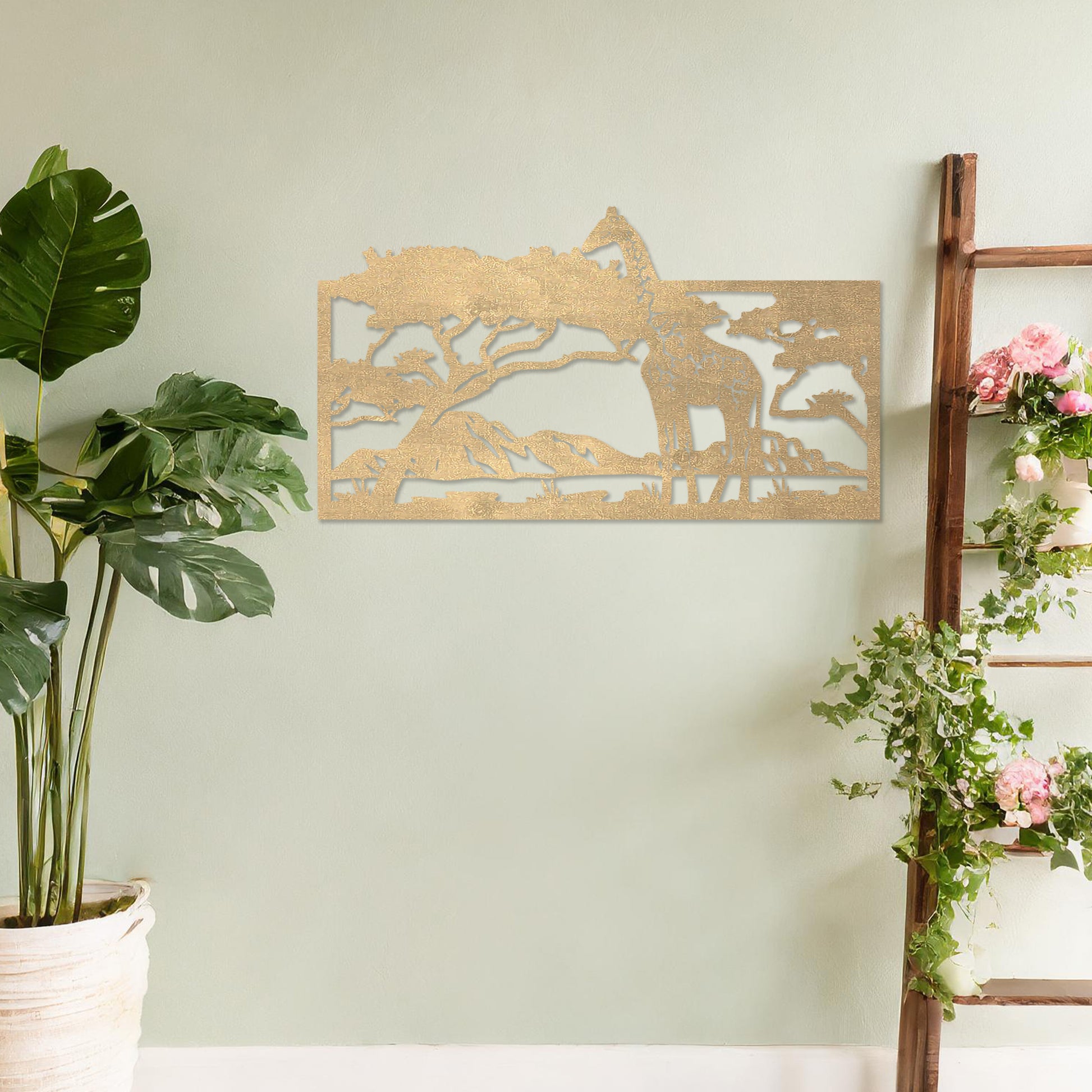 Wooden wall art showcasing a majestic giraffe under an acacia tree, set against a serene savanna landscape. Placed on a neutral wall in a modern room decor, this piece adds an exotic and tranquil touch to the space.
