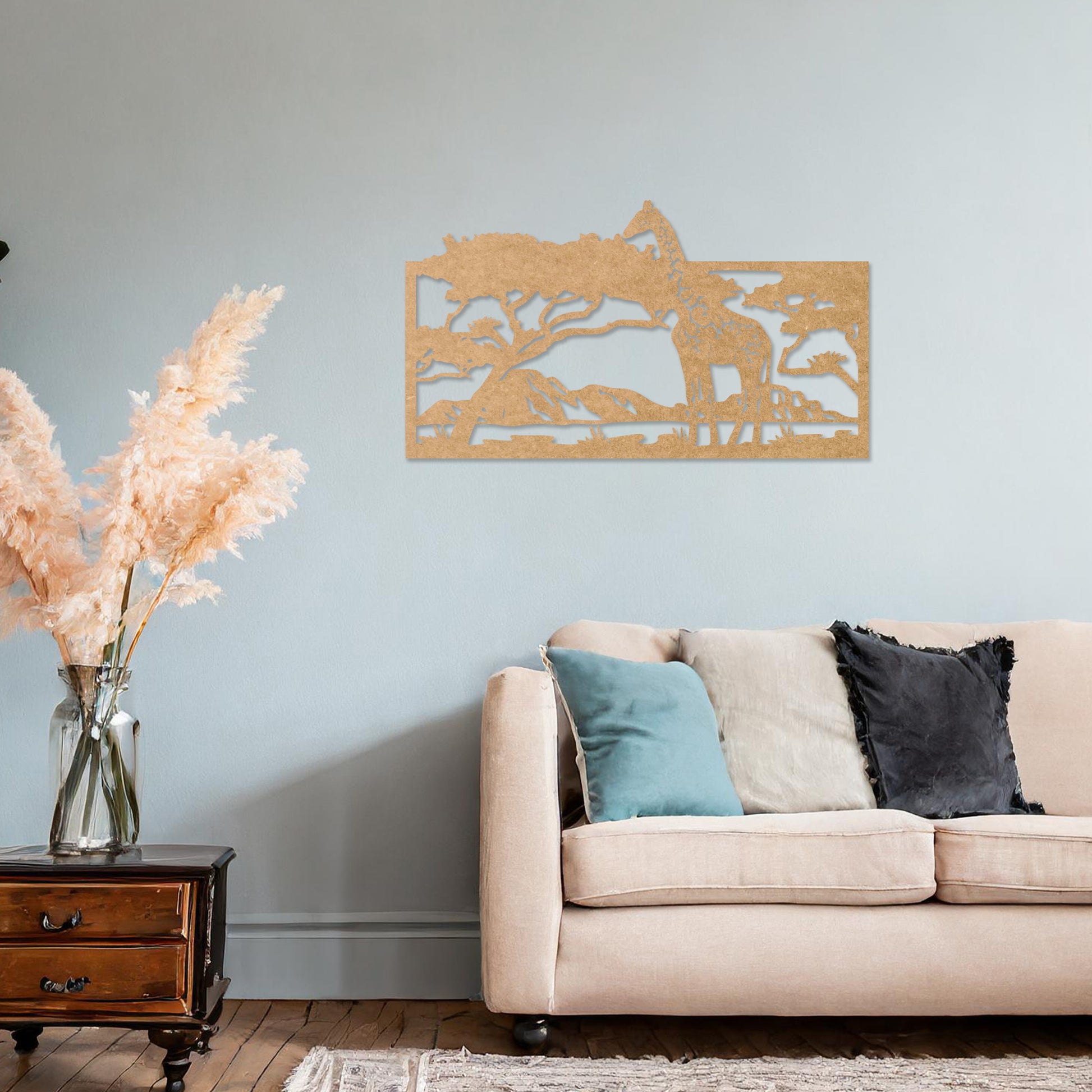Wooden wall art showcasing a majestic giraffe under an acacia tree, set against a serene savanna landscape. Placed on a neutral wall in a modern room decor, this piece adds an exotic and tranquil touch to the space.