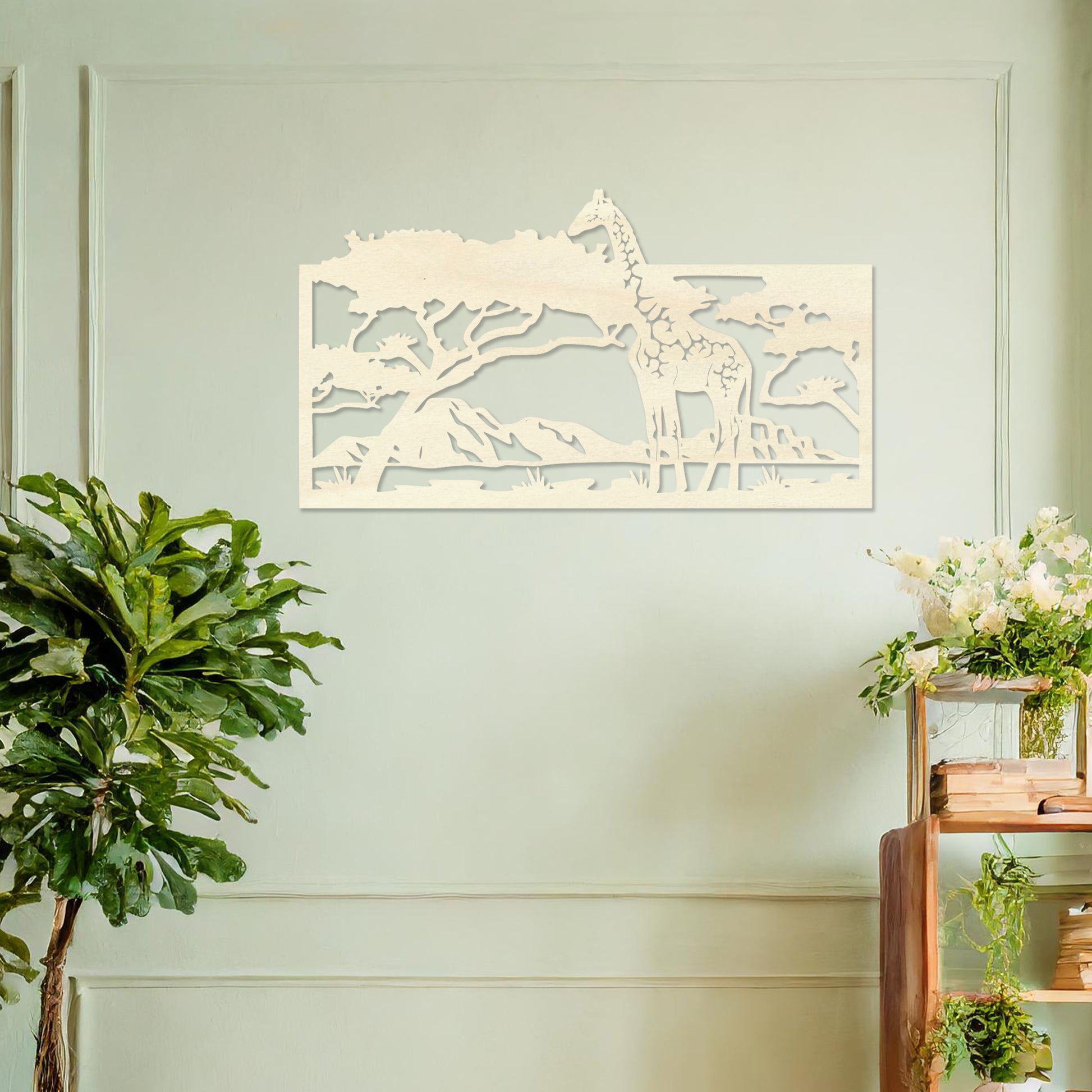 Wooden wall art showcasing a majestic giraffe under an acacia tree, set against a serene savanna landscape. Placed on a neutral wall in a modern room decor, this piece adds an exotic and tranquil touch to the space.