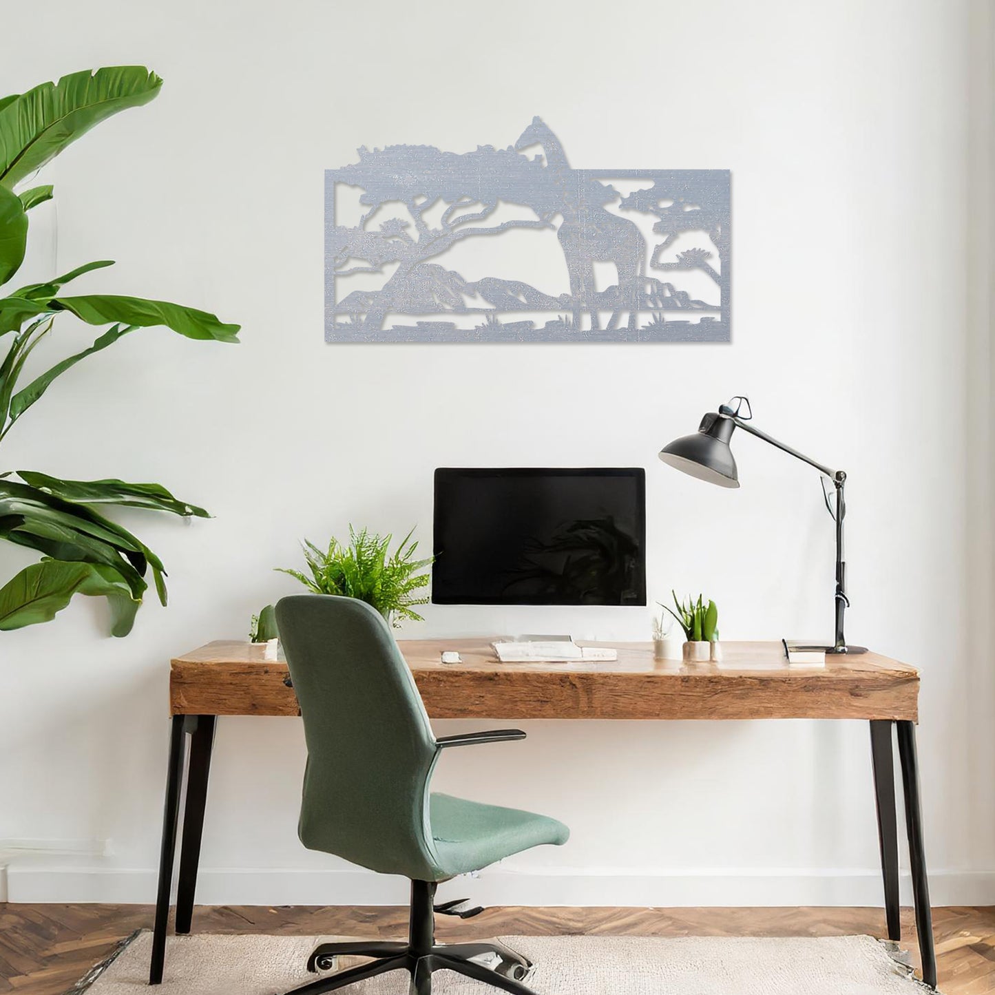 Wooden wall art showcasing a majestic giraffe under an acacia tree, set against a serene savanna landscape. Placed on a neutral wall in a modern room decor, this piece adds an exotic and tranquil touch to the space.