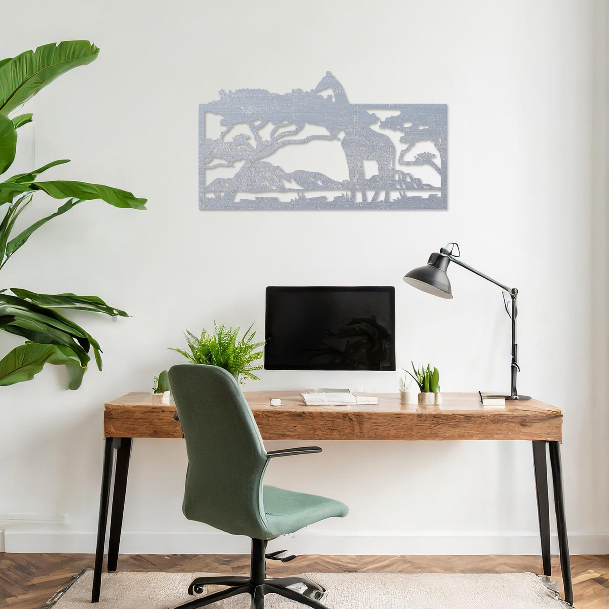 Wooden wall art showcasing a majestic giraffe under an acacia tree, set against a serene savanna landscape. Placed on a neutral wall in a modern room decor, this piece adds an exotic and tranquil touch to the space.