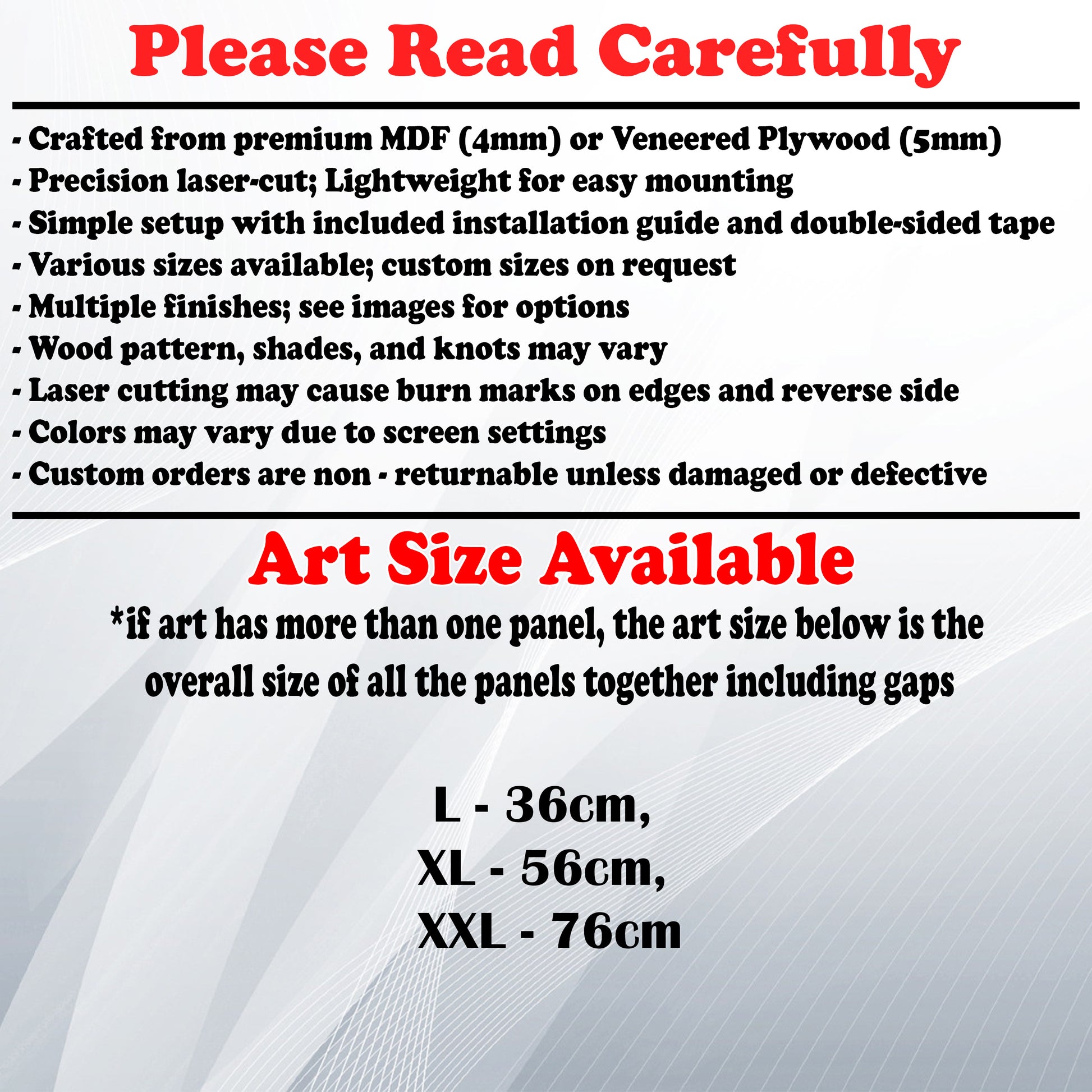 Wooden Art Size Guide and art details, Material, finish options, fittings.