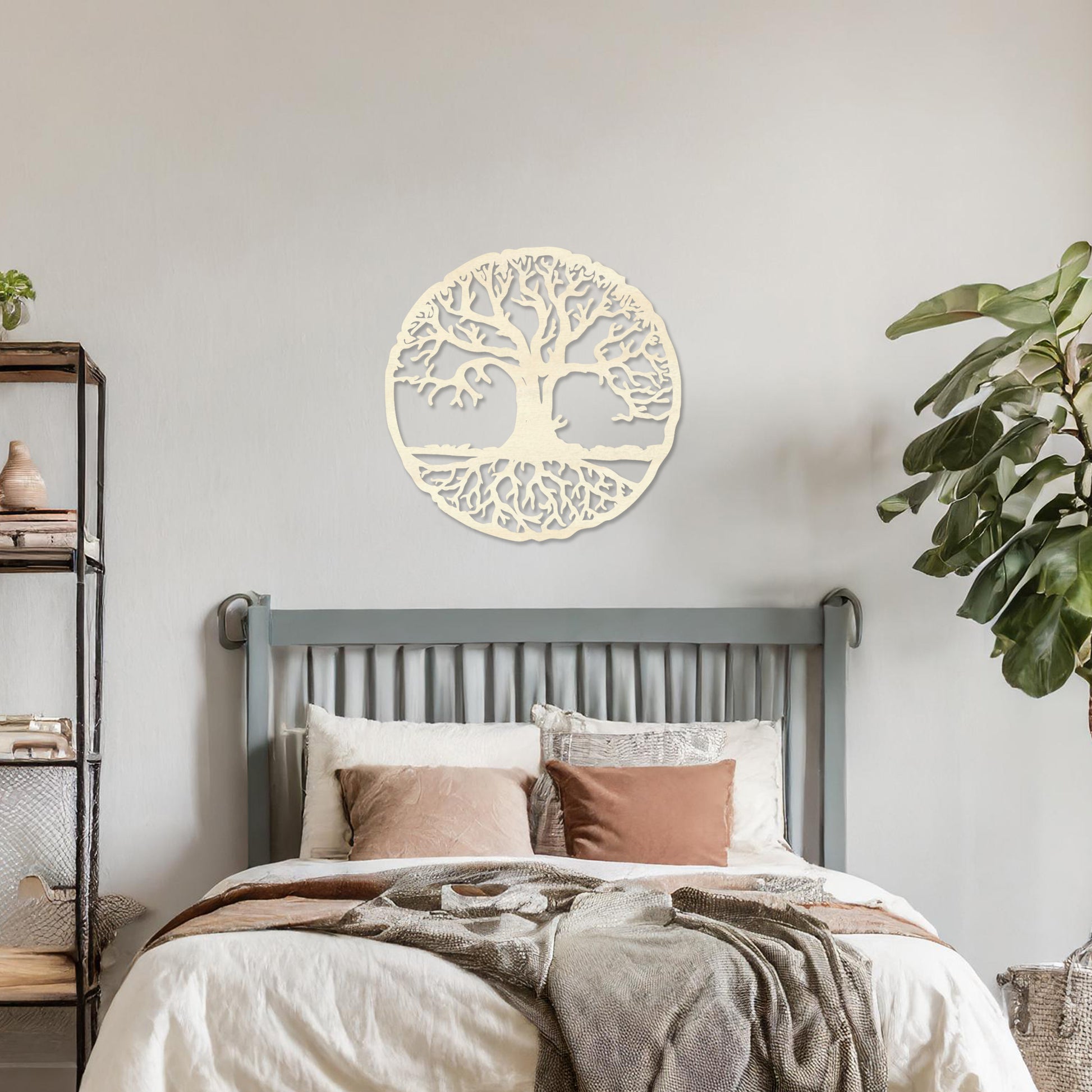 Round wooden wall art featuring an intricate tree design with sprawling branches and roots, symbolising connection and growth. Placed on a neutral wall in a modern room decor, this piece exudes a harmonious and earthy charm.
