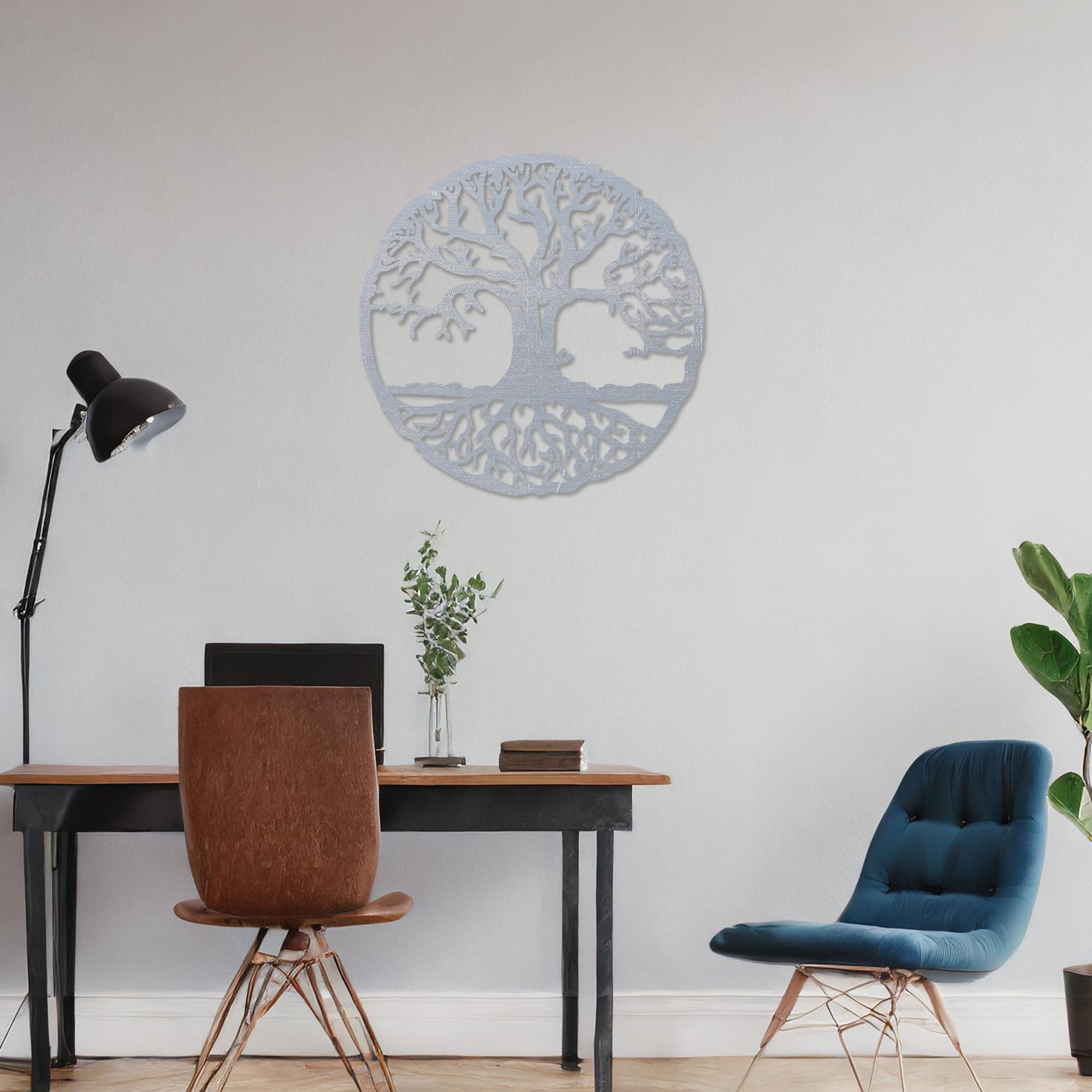 Round wooden wall art featuring an intricate tree design with sprawling branches and roots, symbolising connection and growth. Placed on a neutral wall in a modern room decor, this piece exudes a harmonious and earthy charm.