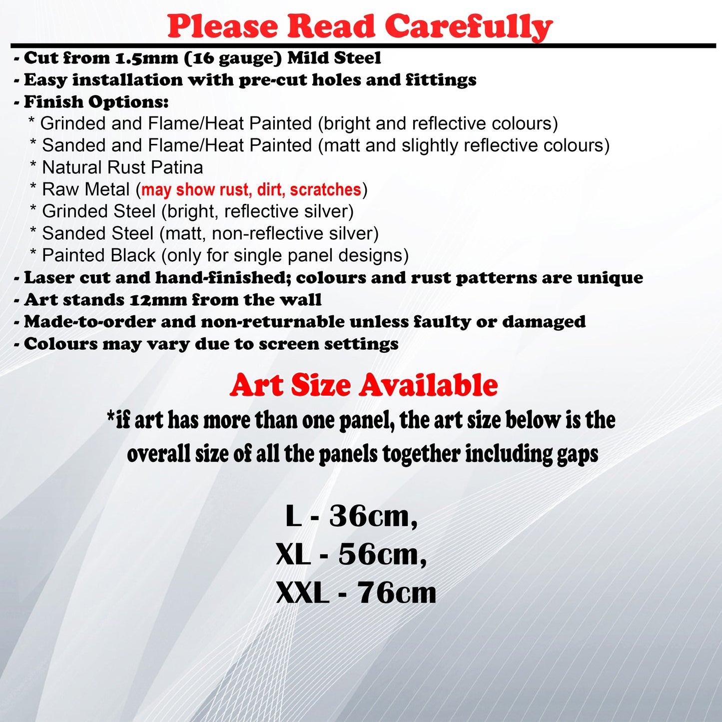 Metal Art Size Guide and art details like Material, finish options, fittings