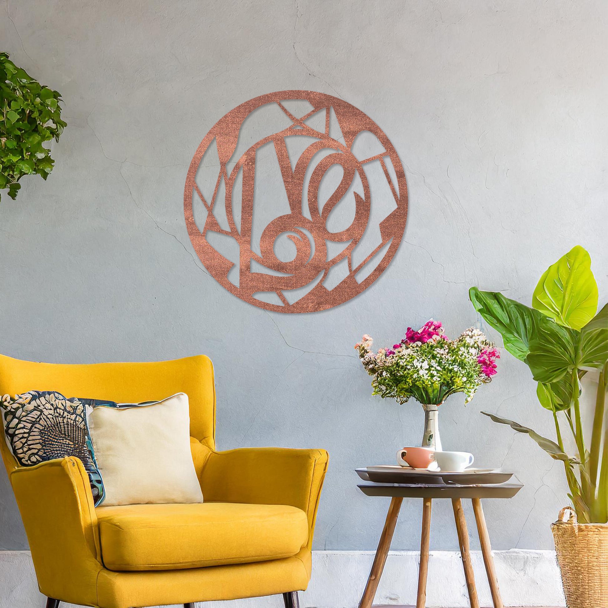 Round wooden wall art featuring an abstract geometric pattern centred around a bold, artistic swirl. Placed on a neutral wall in a modern room decor, this piece adds a touch of contemporary elegance to the setting.
