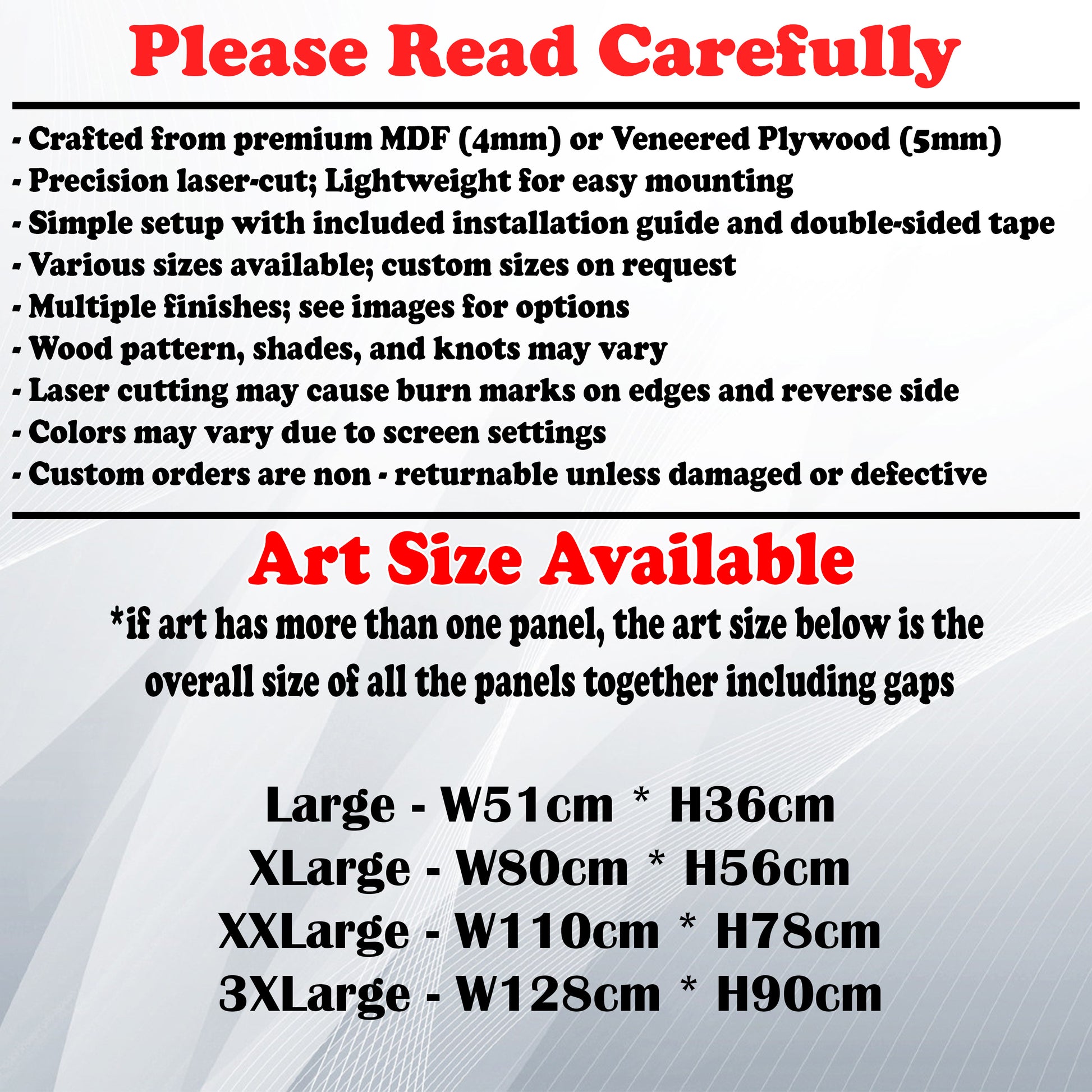 Wooden Art Size Guide and art details, Material, finish options, fittings.