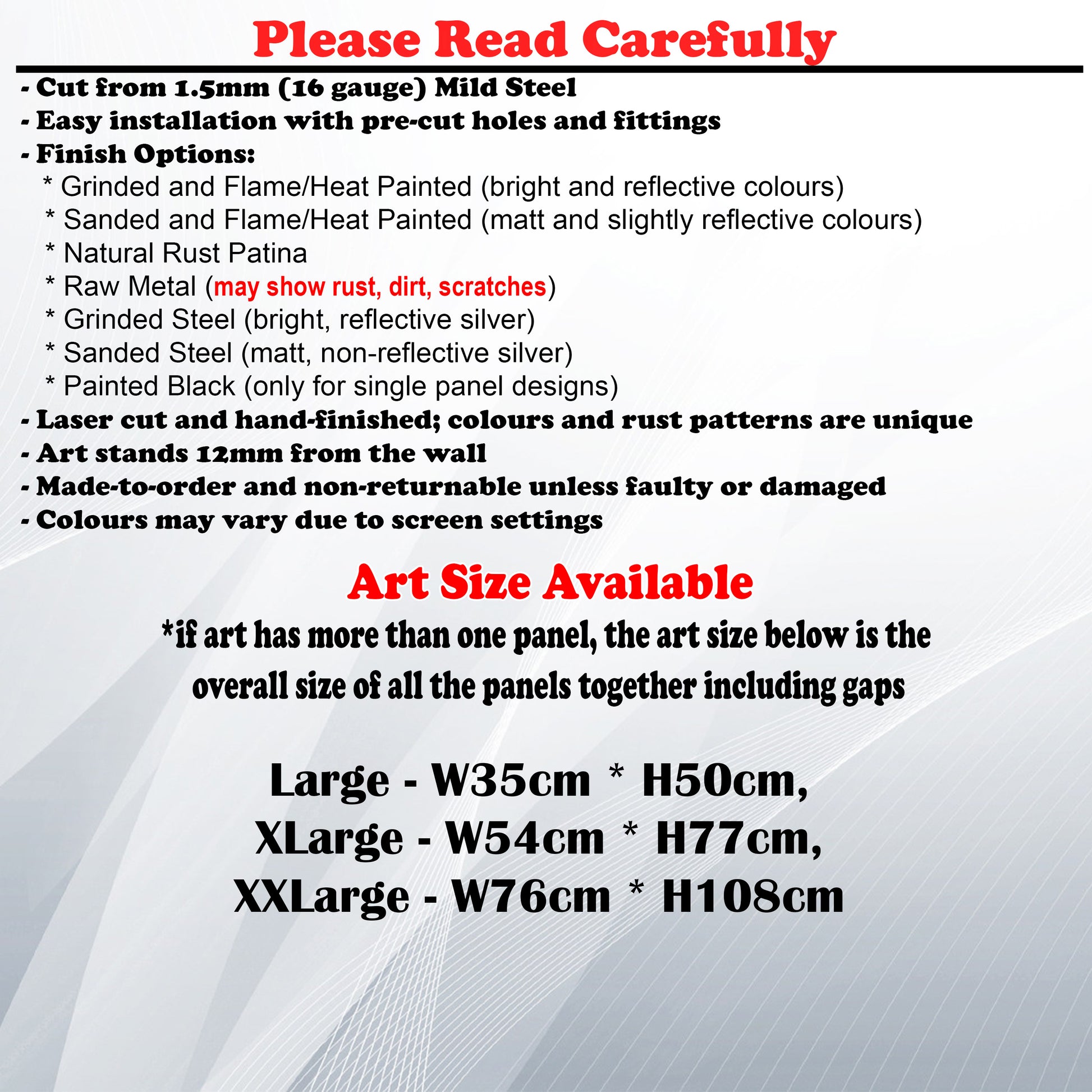 Metal Art Size Guide and art details like Material, finish options, fittings