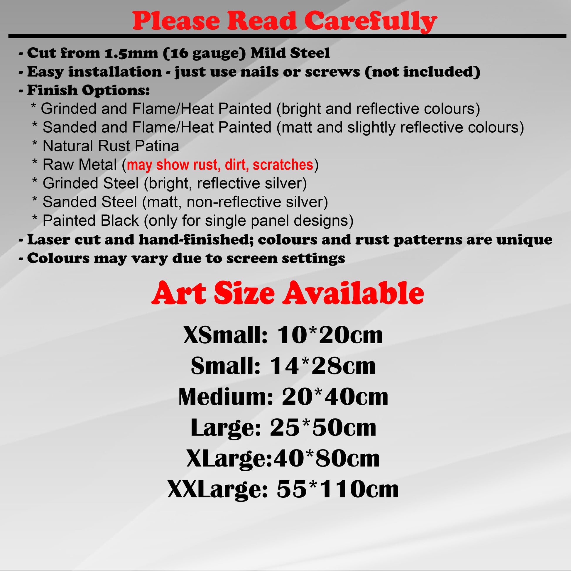 Duke Craft - Metal Garden Art Size Guide and art details, Material, finish options, fittings explained.