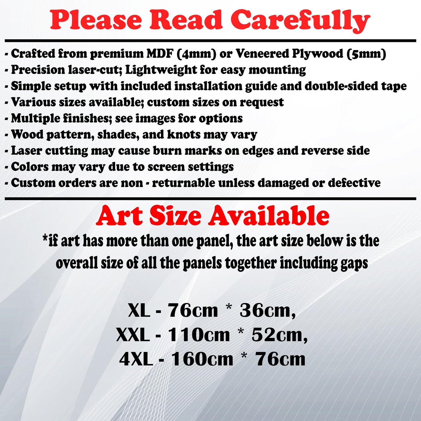 Wooden Art Size Guide and art details, Material, finish options, fittings.