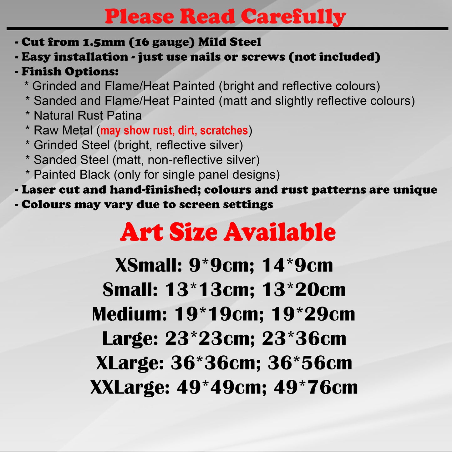Duke Craft - Metal Garden Art Size Guide and art details, Material, finish options, fittings explained.