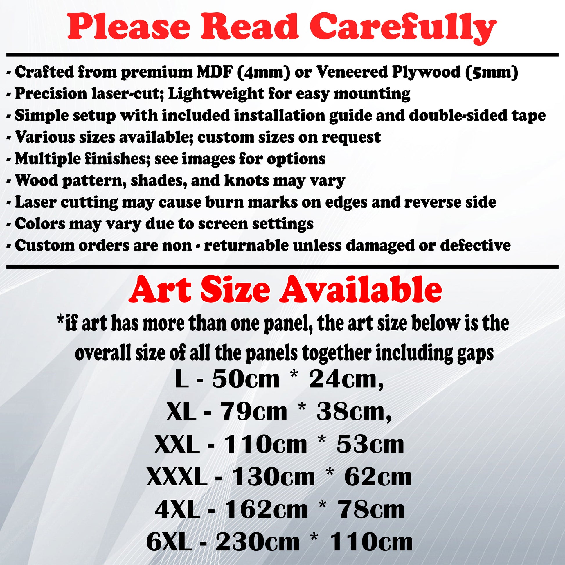 Wooden Art Size Guide and art details, Material, finish options, fittings.