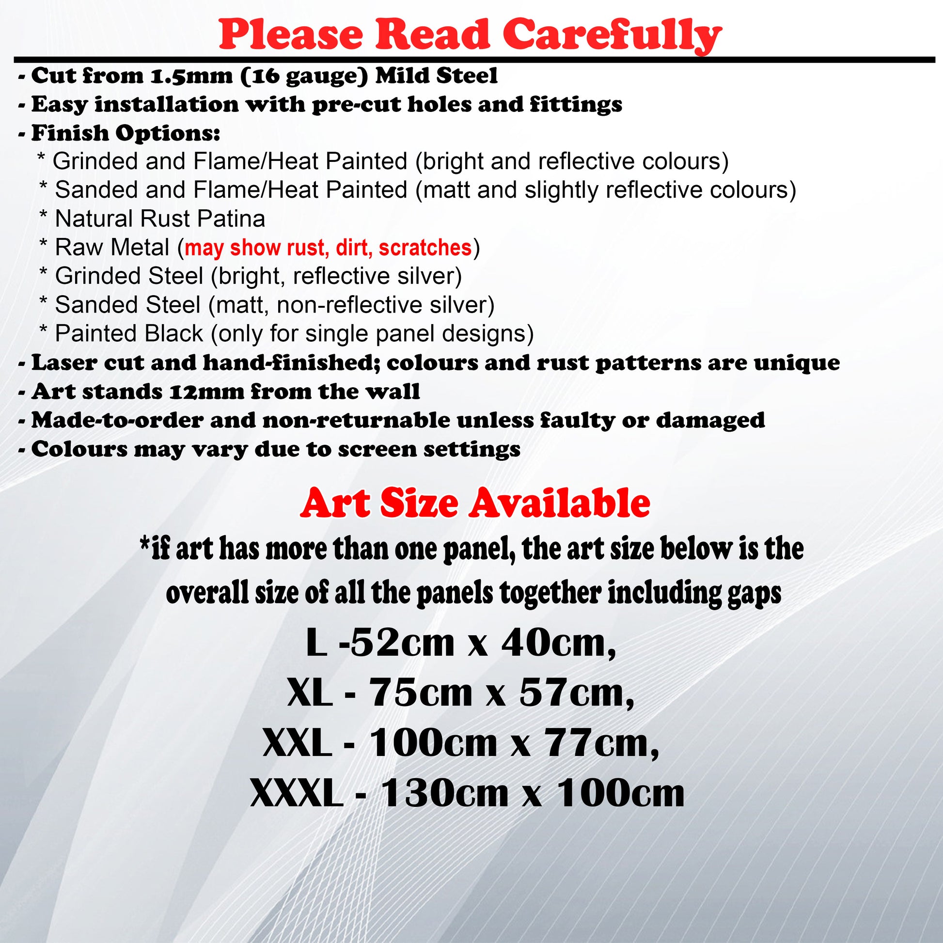 Metal Art Size Guide and art details like Material, finish options, fittings