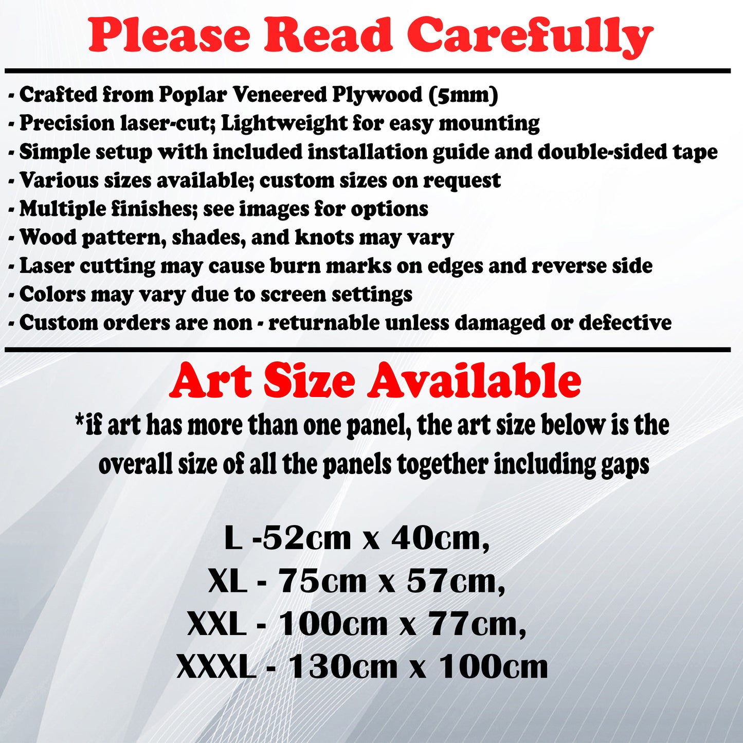 Wooden Art Size Guide and art details, Material, finish options, fittings.