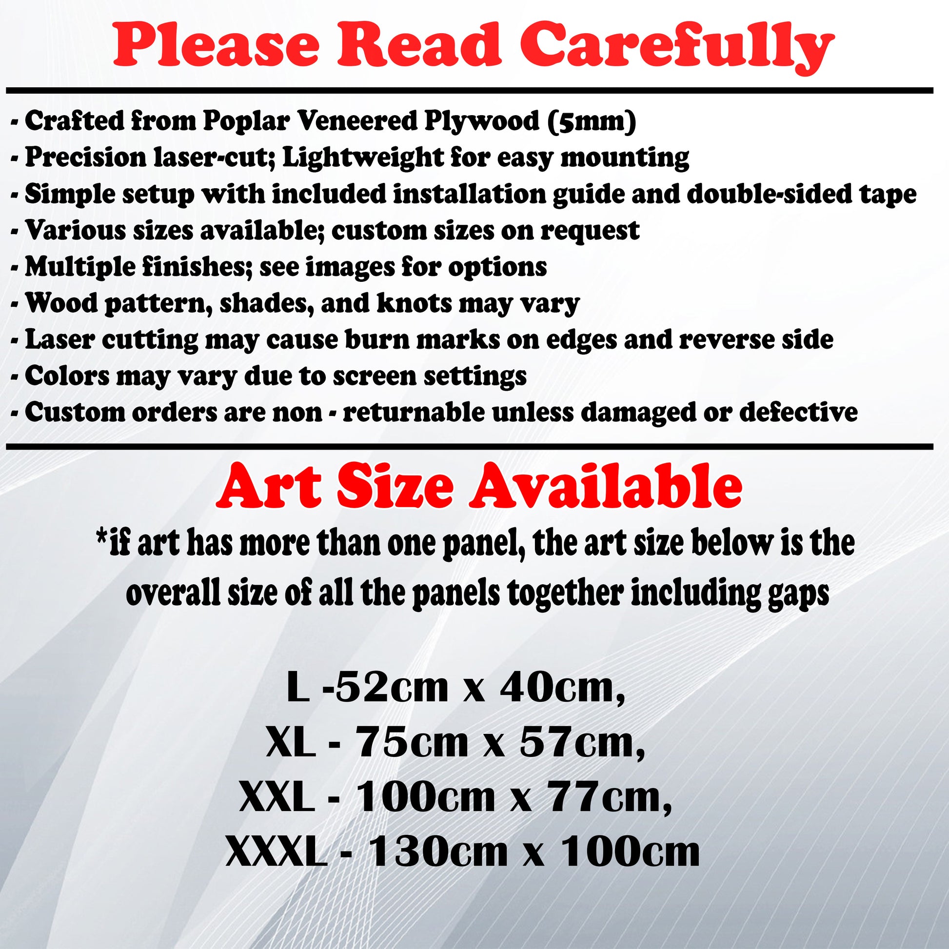 Wooden Art Size Guide and art details, Material, finish options, fittings.