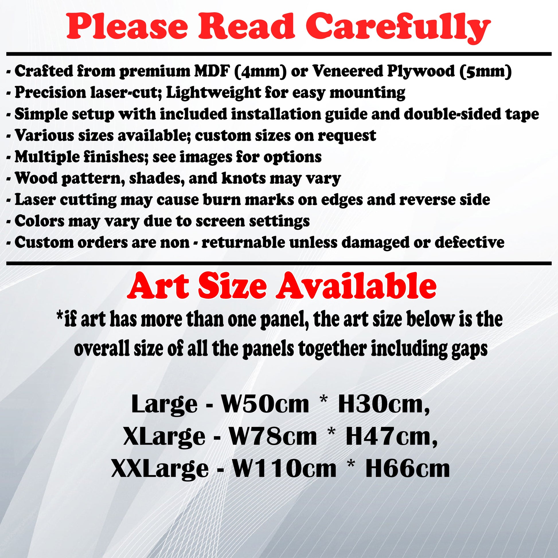 Wooden Art Size Guide and art details, Material, finish options, fittings.