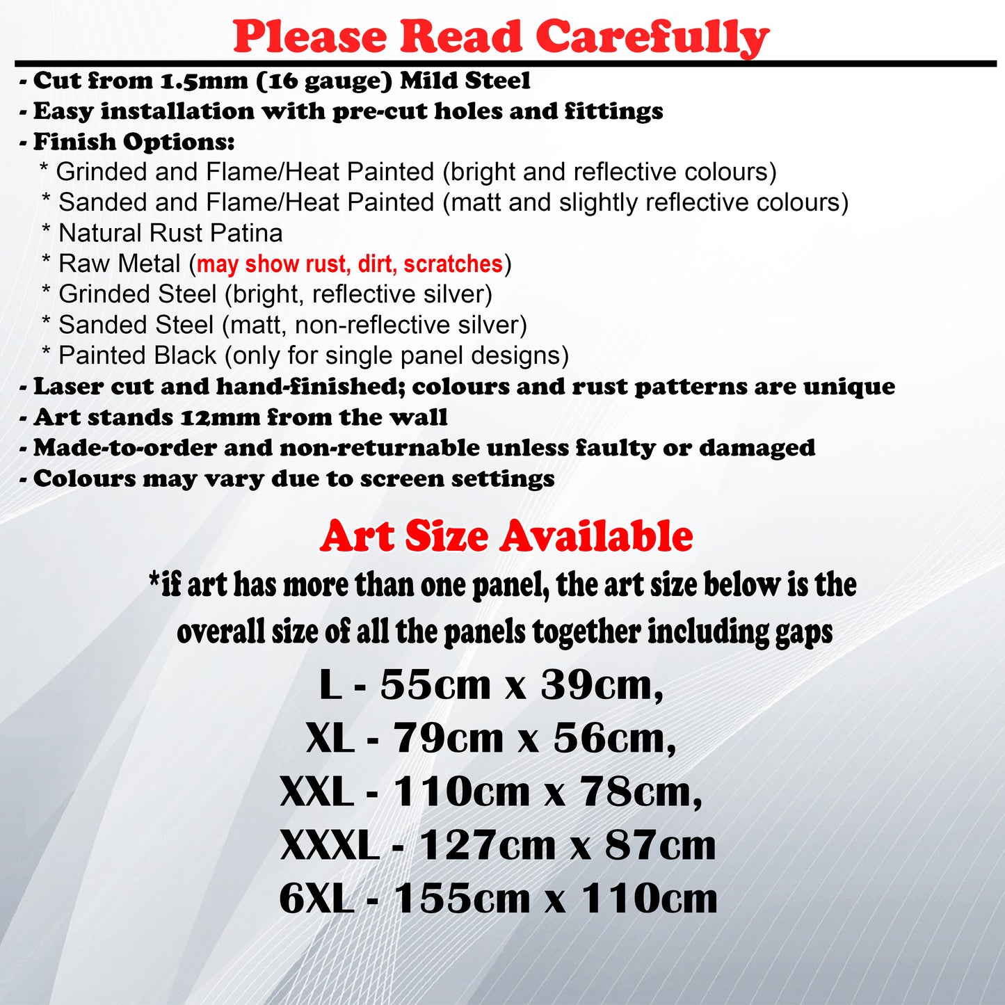 Metal Art Size Guide and art details like Material, finish options, fittings
