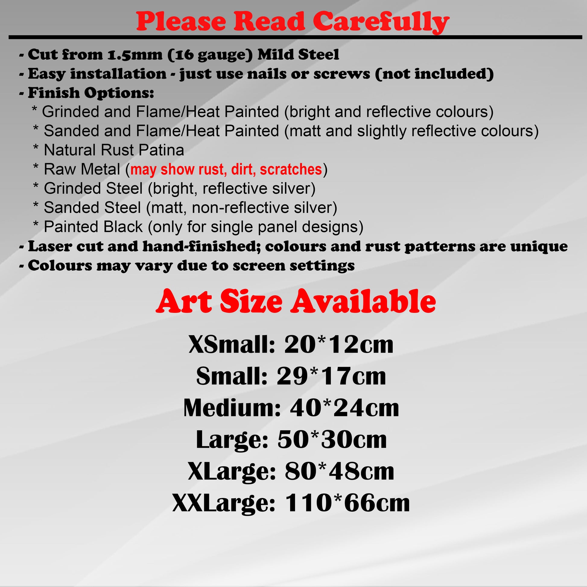 Duke Craft - Metal Garden Art Size Guide and art details, Material, finish options, fittings explained.