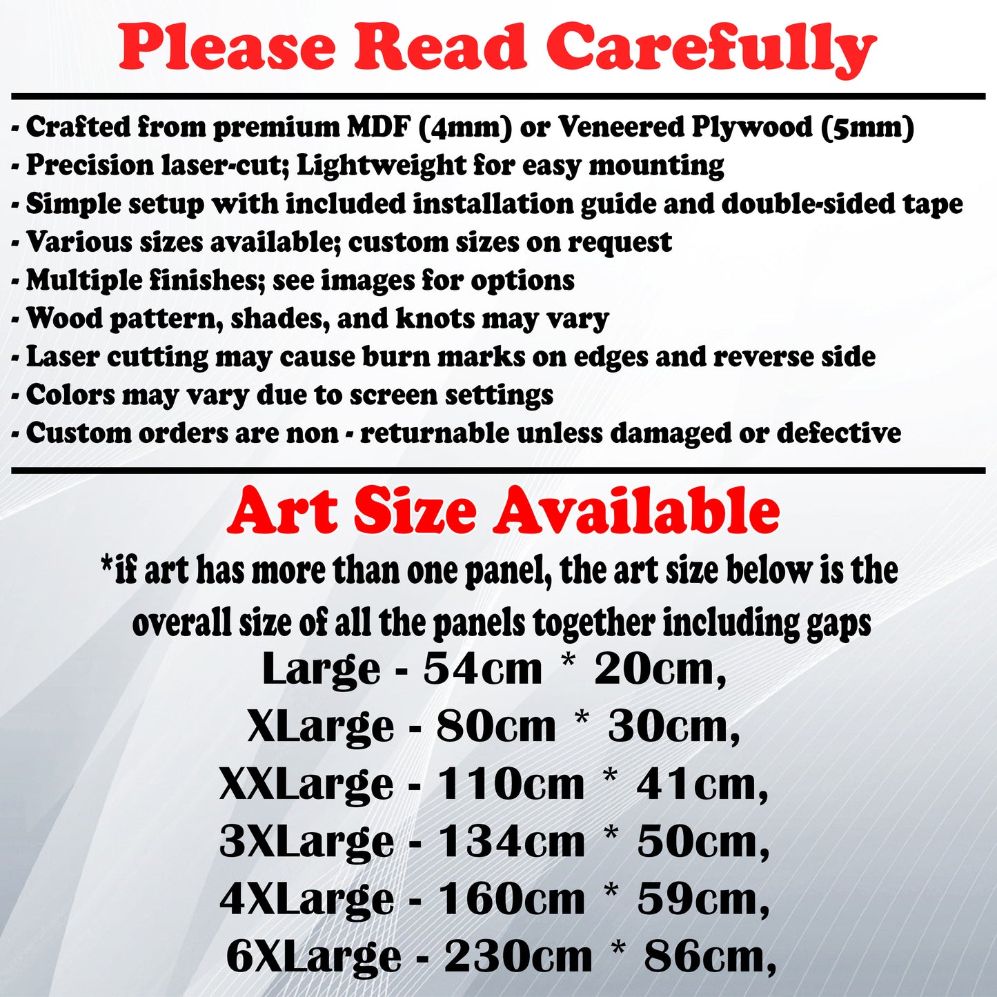 Wooden Art Size Guide and art details, Material, finish options, fittings.