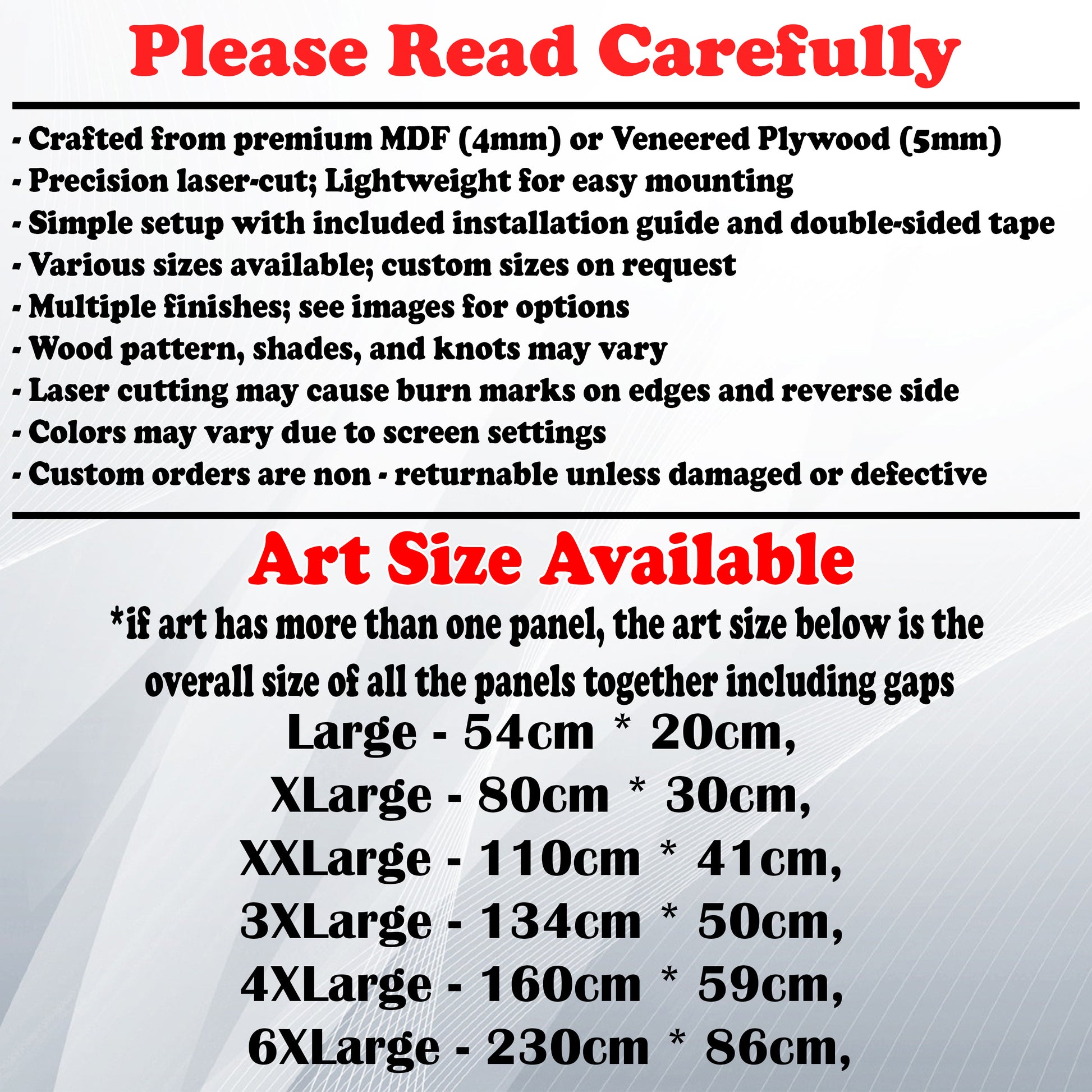 Wooden Art Size Guide and art details, Material, finish options, fittings.