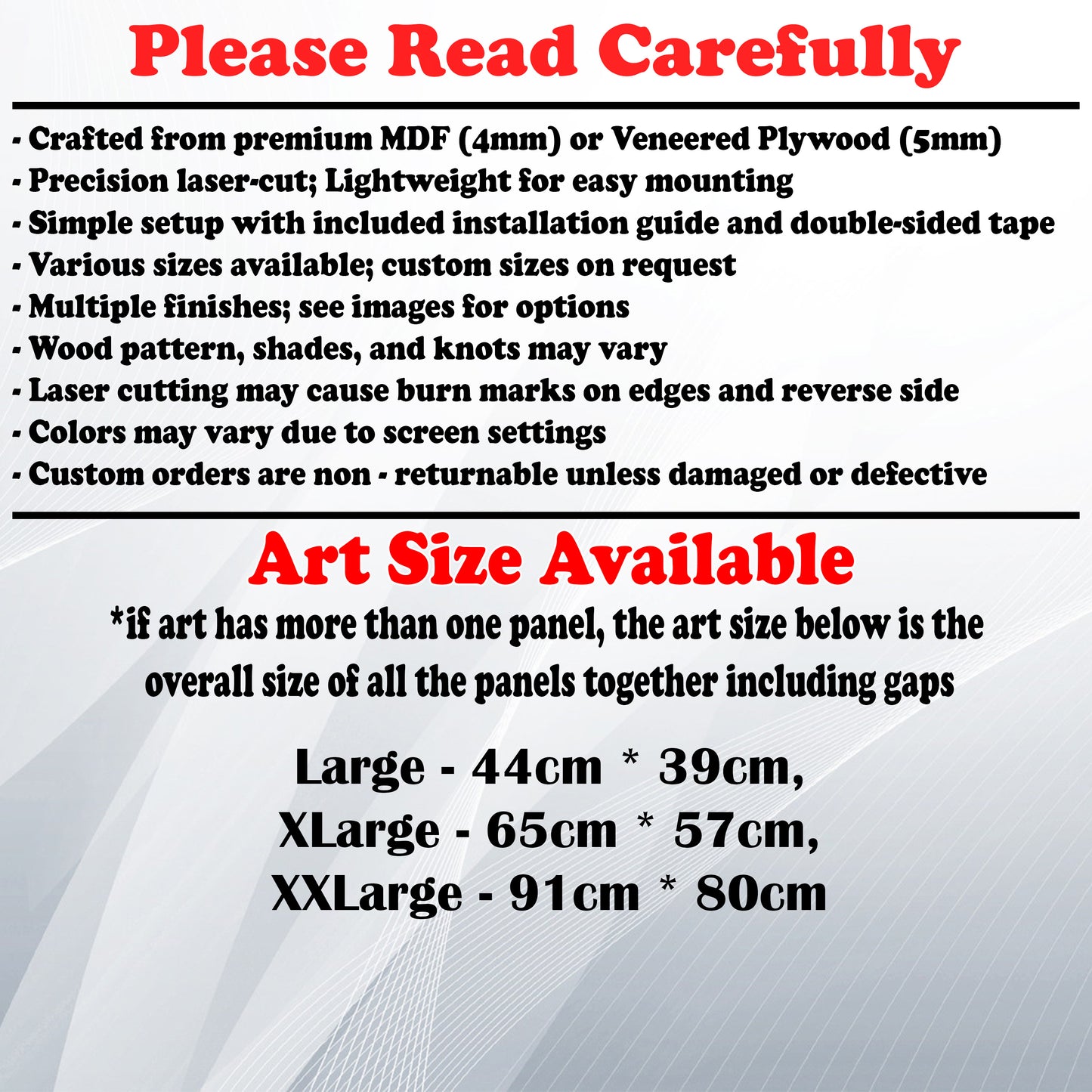 Wooden Art Size Guide and art details, Material, finish options, fittings.