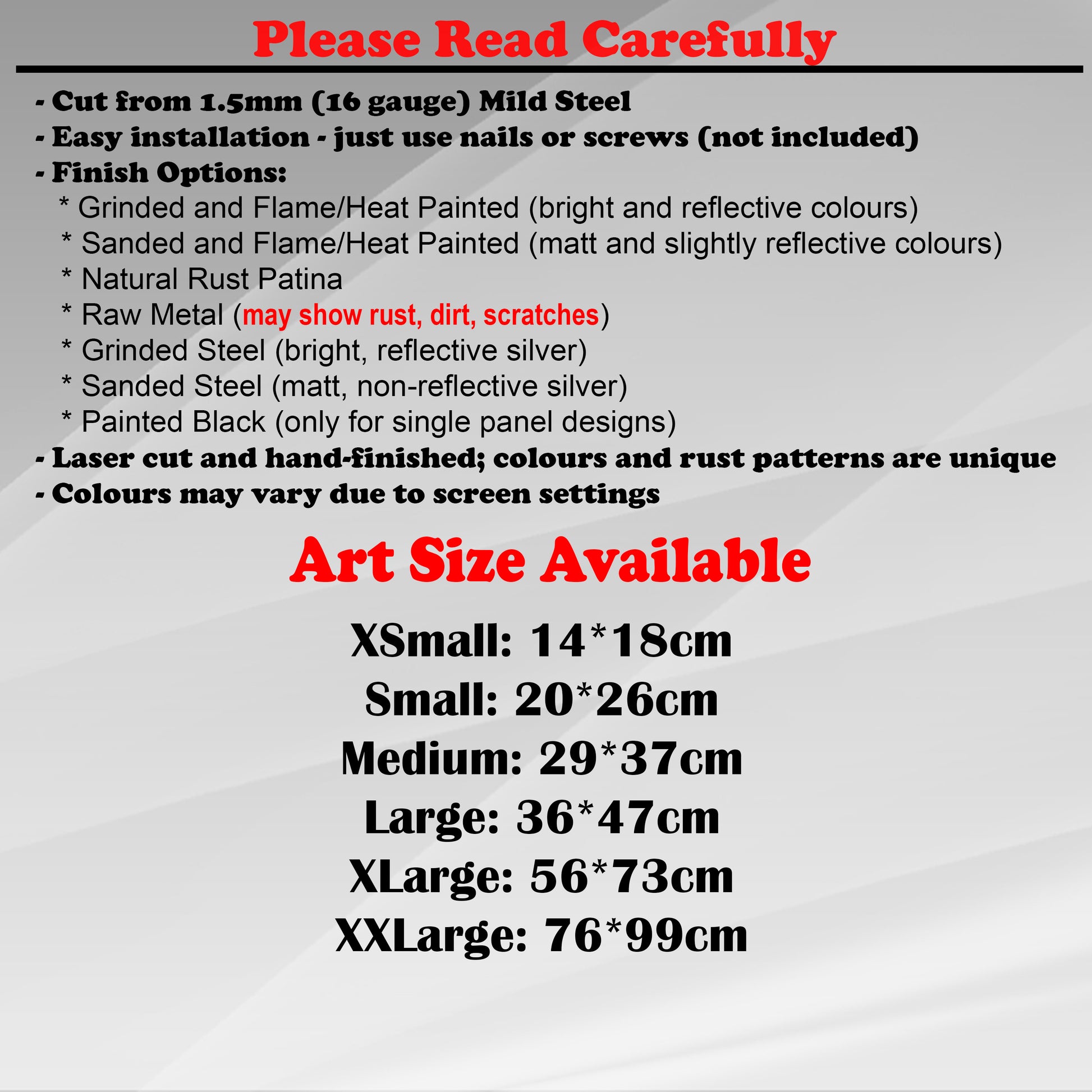 Duke Craft - Metal Garden Art Size Guide and art details, Material, finish options, fittings explained.