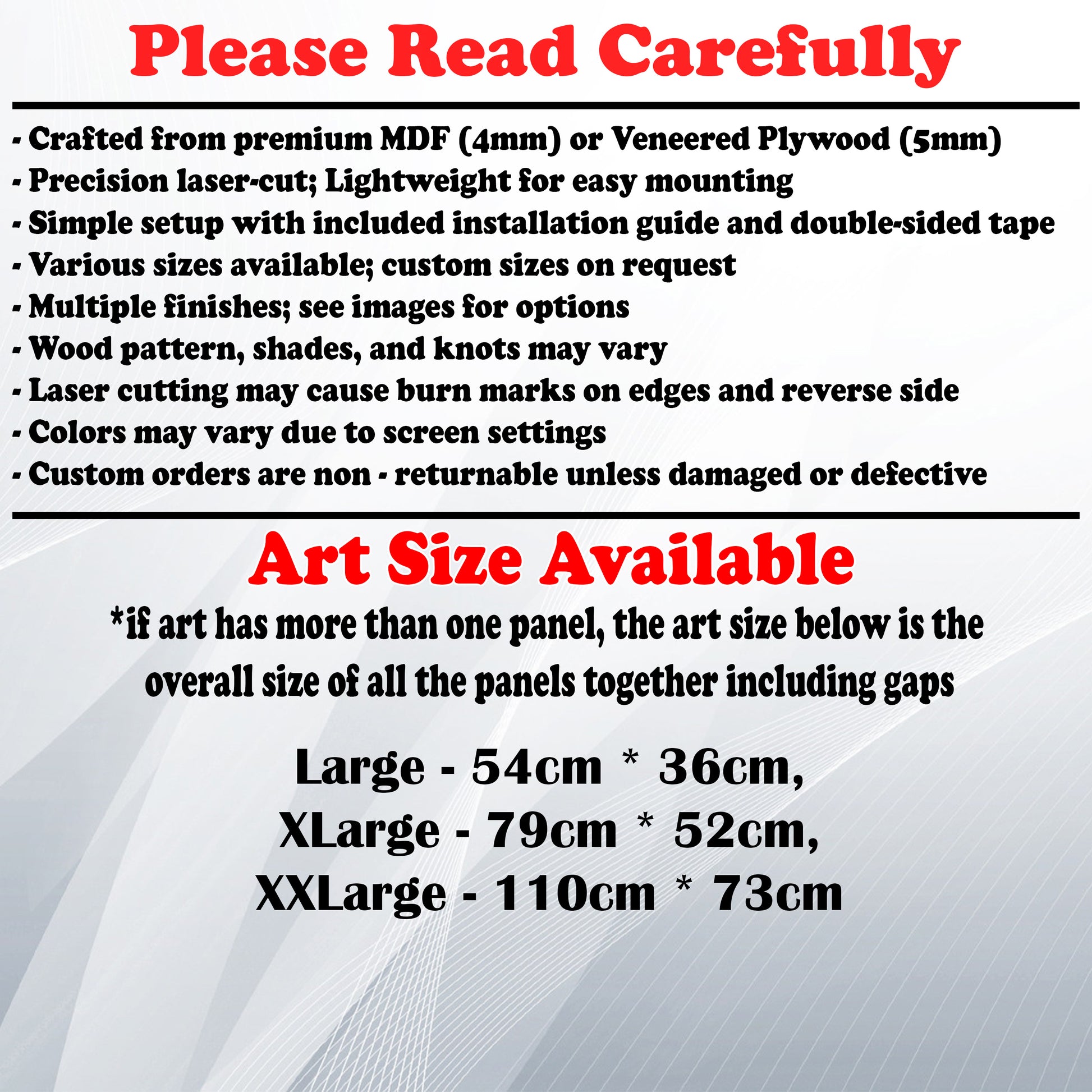 Wooden Art Size Guide and art details, Material, finish options, fittings.