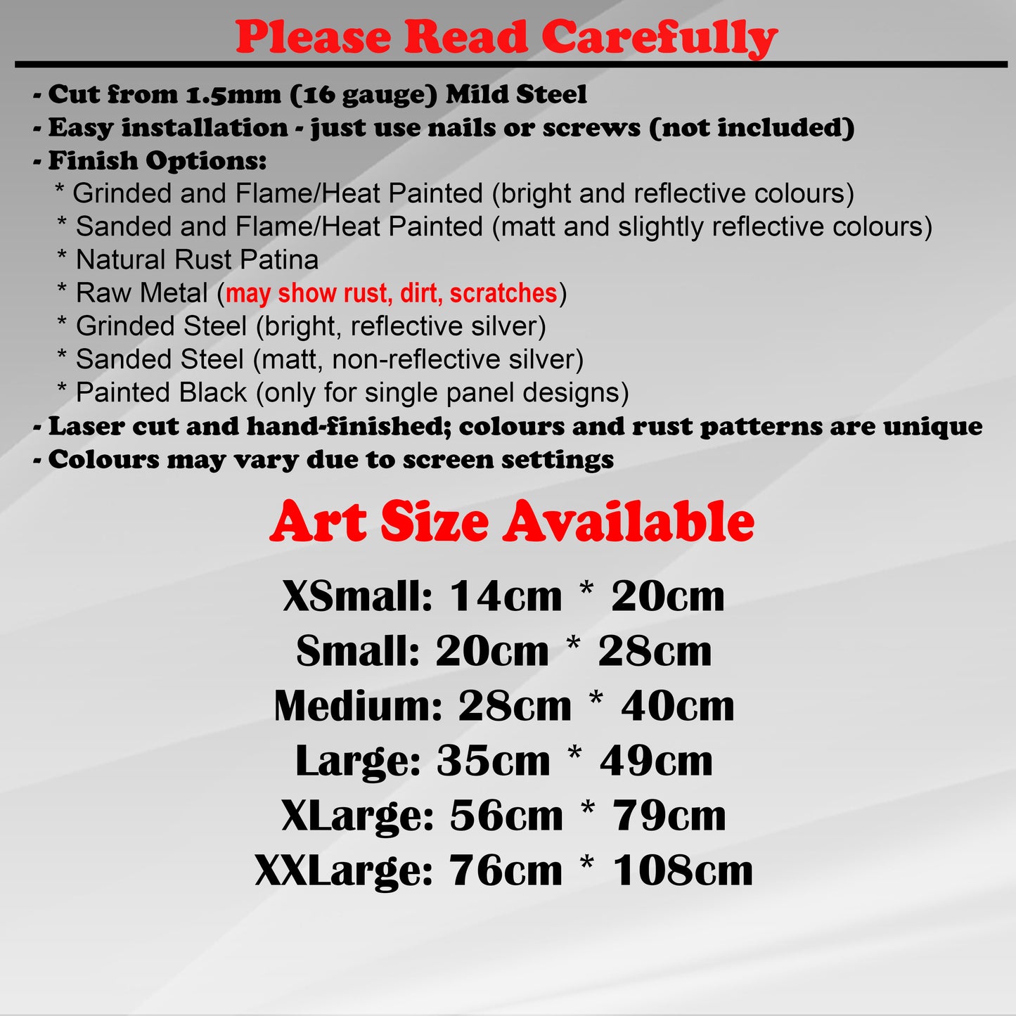 Duke Craft - Metal Garden Art Size Guide and art details, Material, finish options, fittings explained.