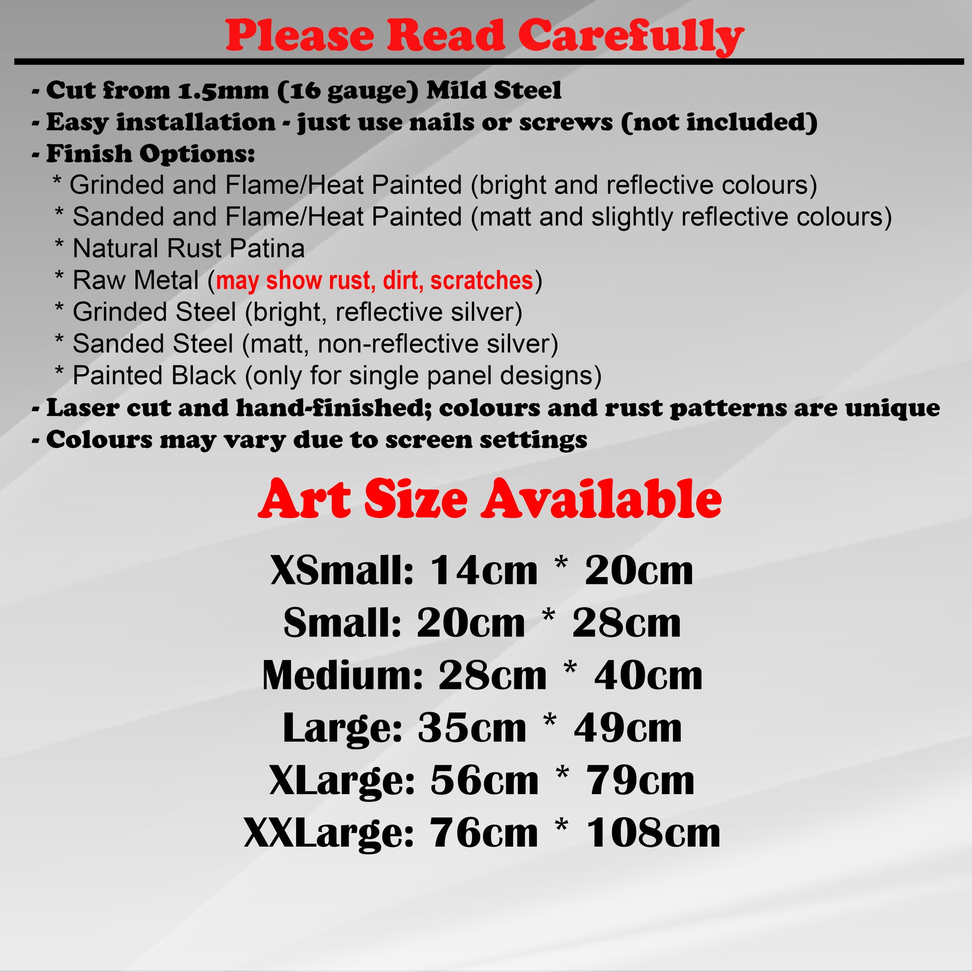 Duke Craft - Metal Garden Art Size Guide and art details, Material, finish options, fittings explained.