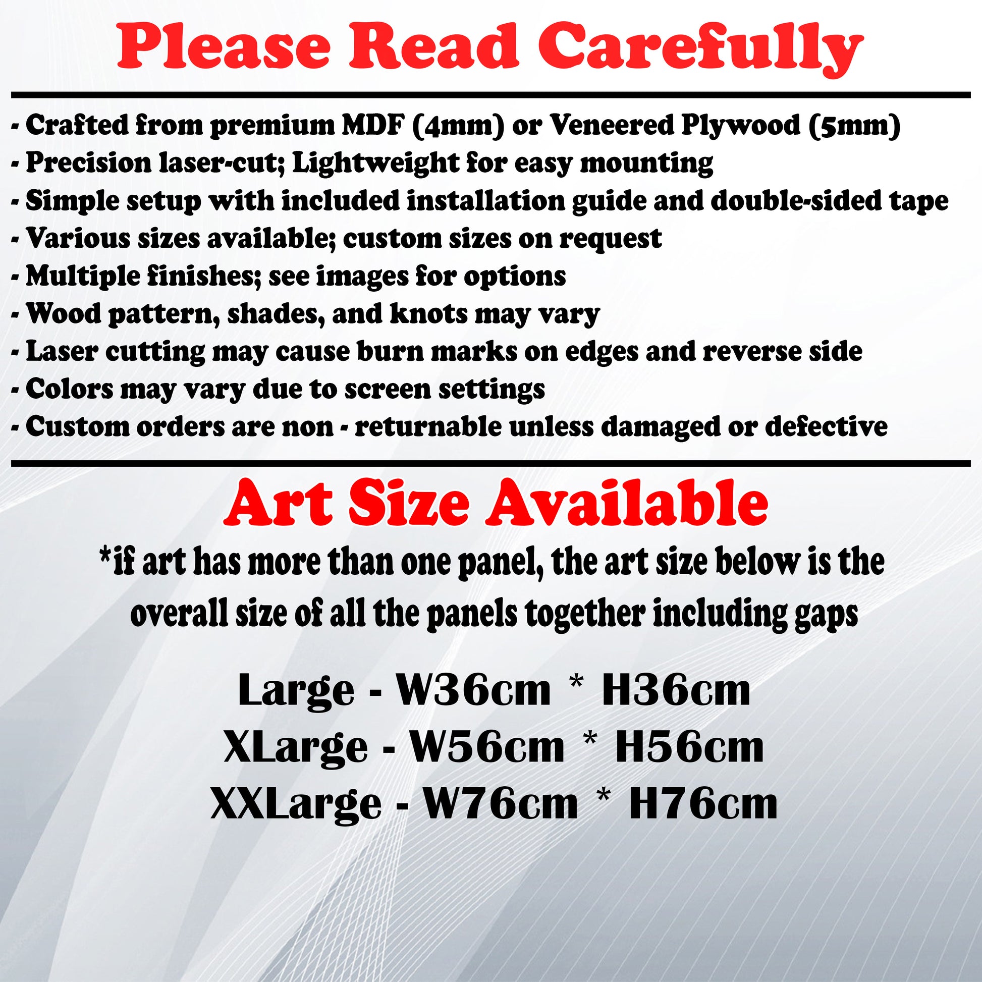 Wooden Art Size Guide and art details, Material, finish options, fittings.