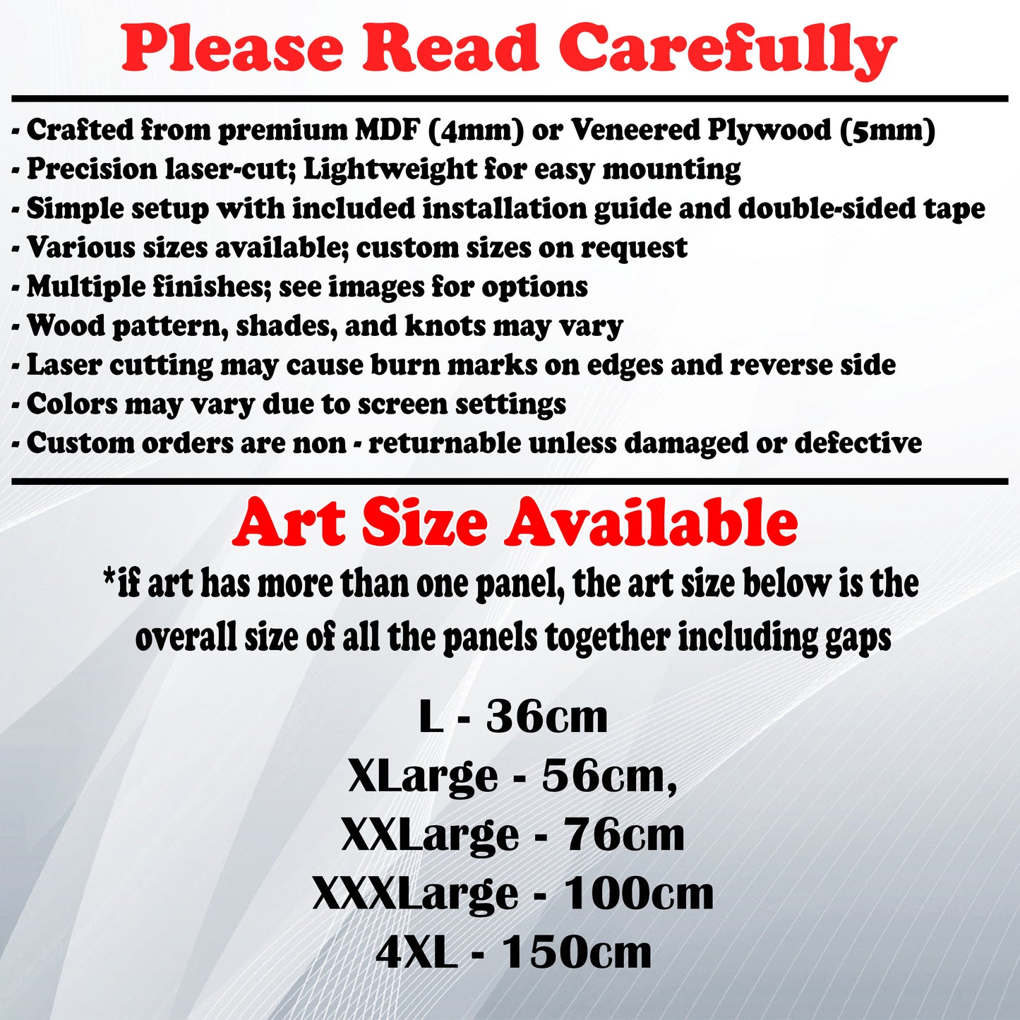 Wooden Art Size Guide and art details, Material, finish options, fittings.