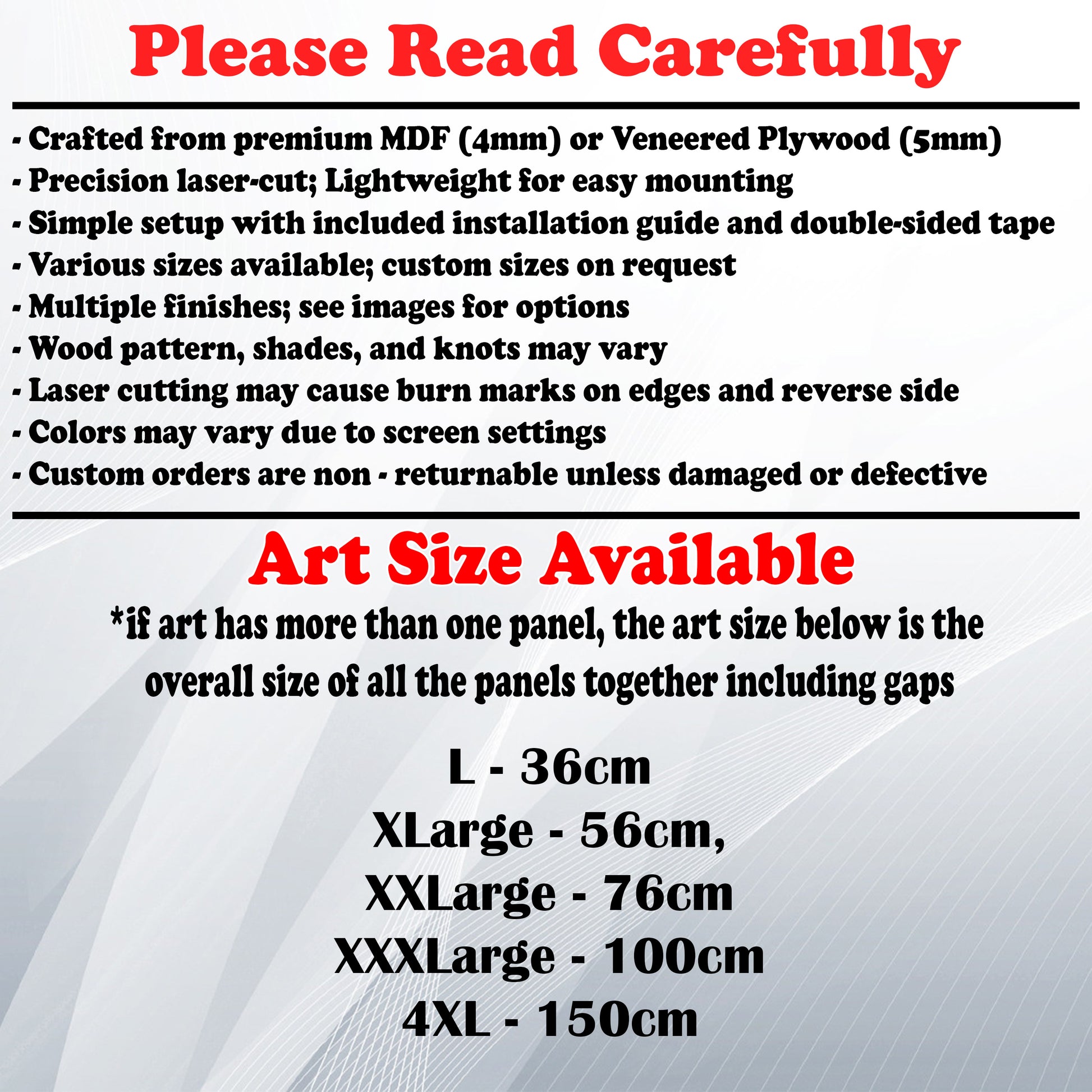 Wooden Art Size Guide and art details, Material, finish options, fittings.
