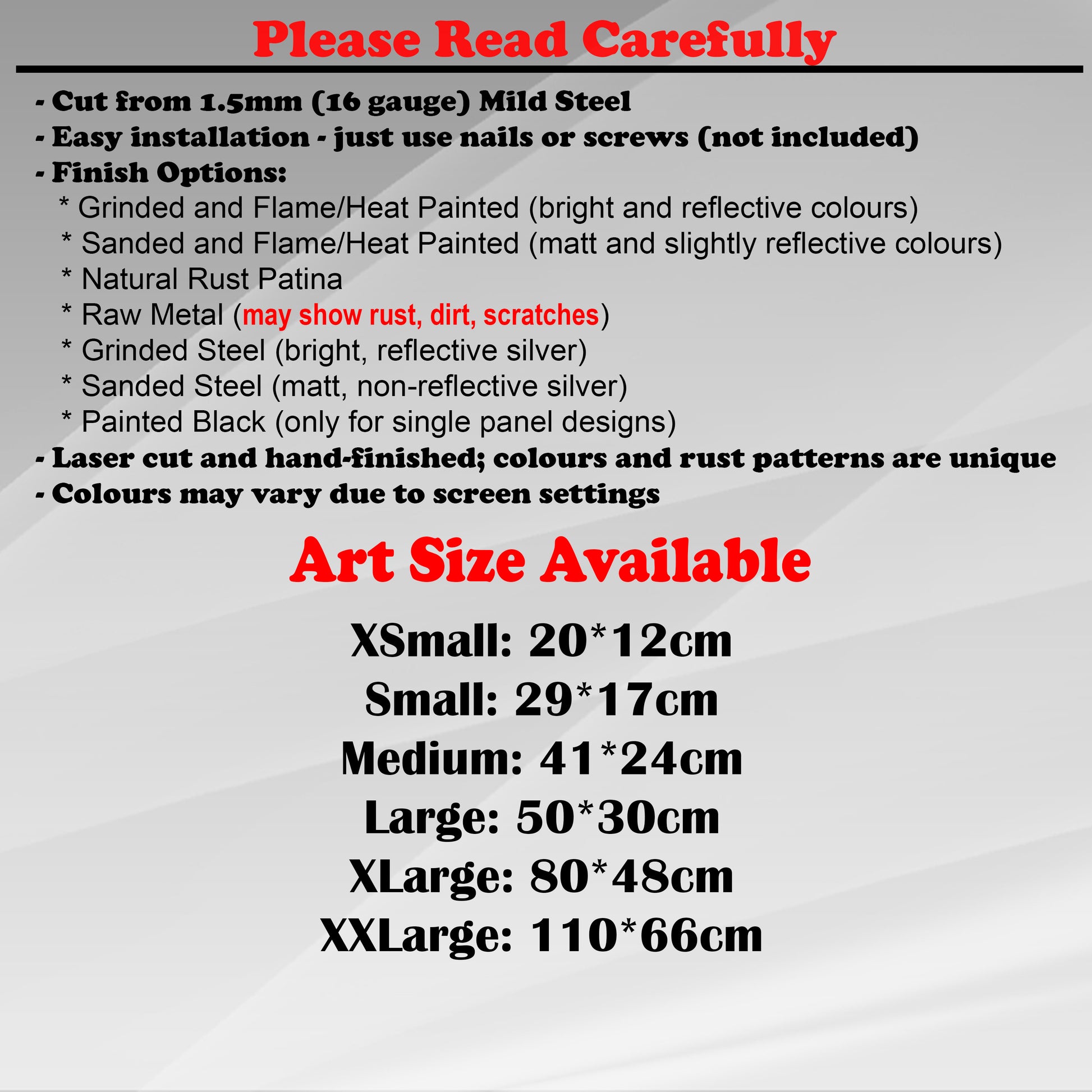 Duke Craft - Metal Garden Art Size Guide and art details, Material, finish options, fittings explained.
