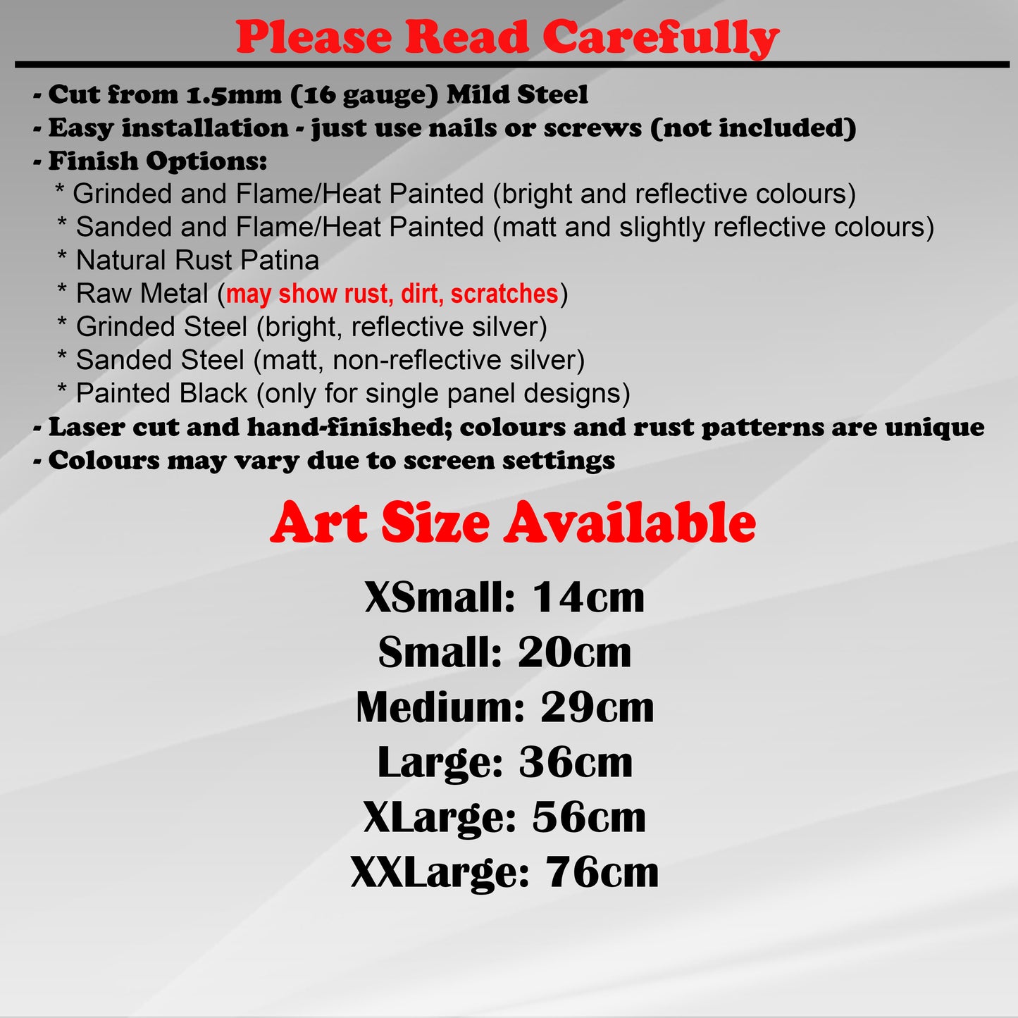 Duke Craft - Metal Garden Art Size Guide and art details, Material, finish options, fittings explained.
