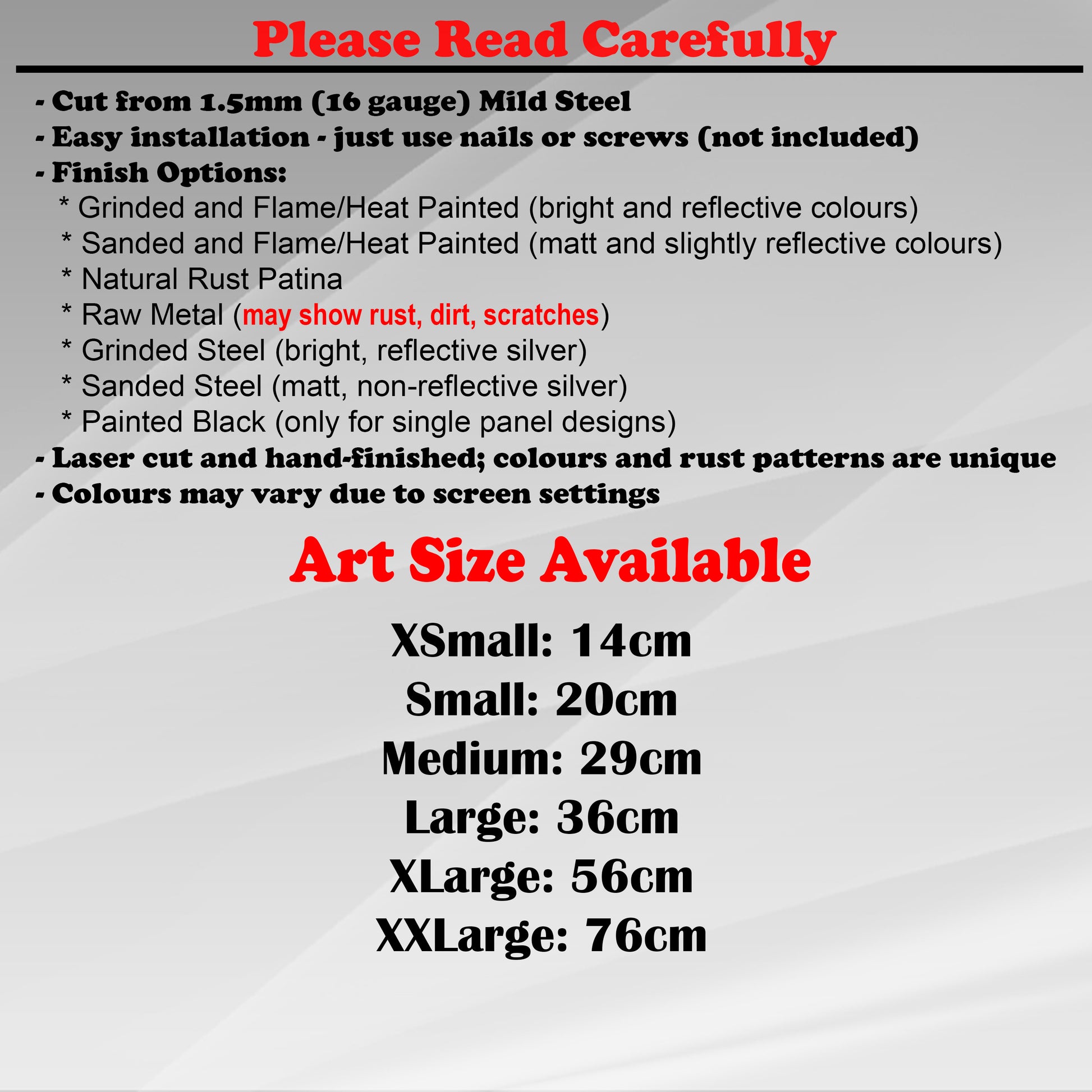 Duke Craft - Metal Garden Art Size Guide and art details, Material, finish options, fittings explained.