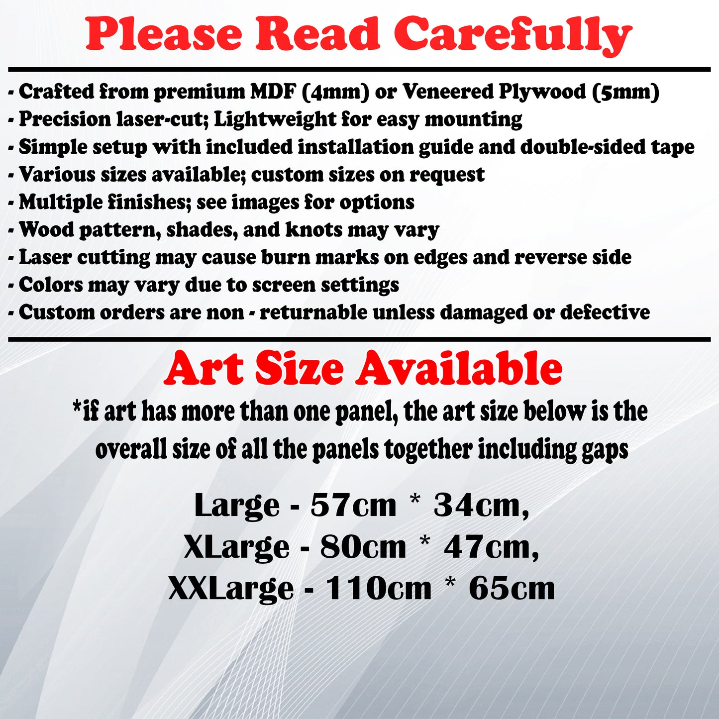 Wooden Art Size Guide and art details, Material, finish options, fittings.