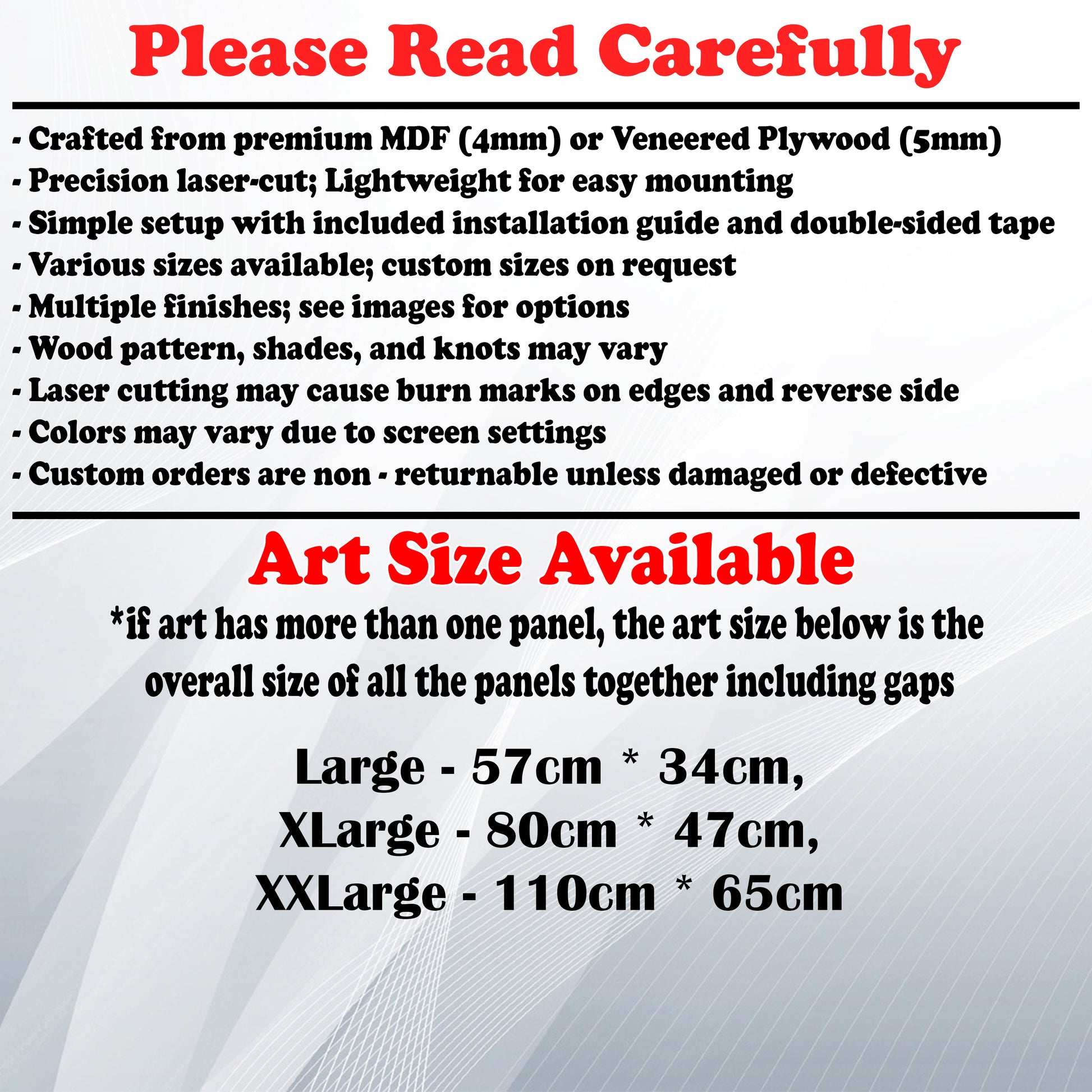 Wooden Art Size Guide and art details, Material, finish options, fittings.