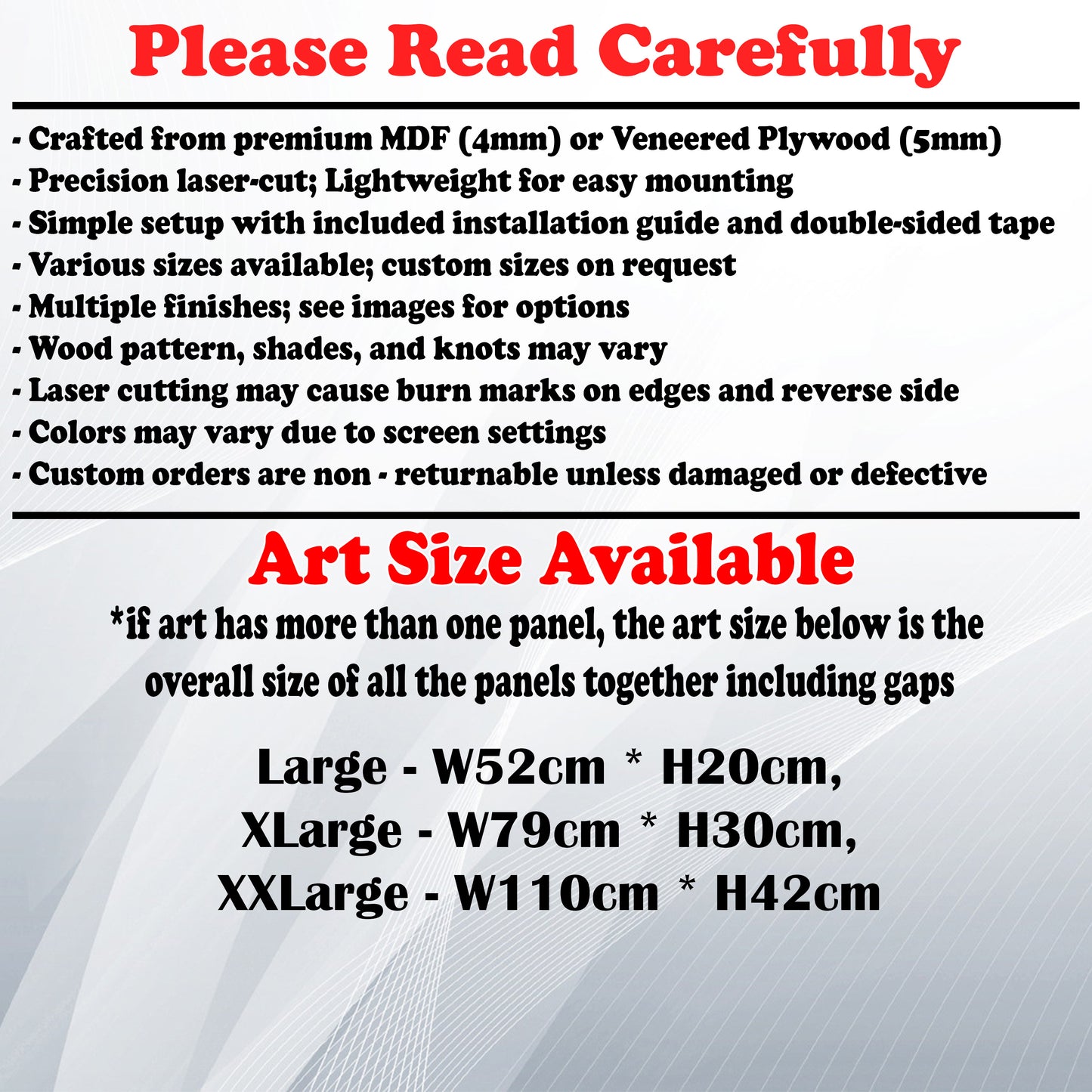 Wooden Art Size Guide and art details, Material, finish options, fittings.