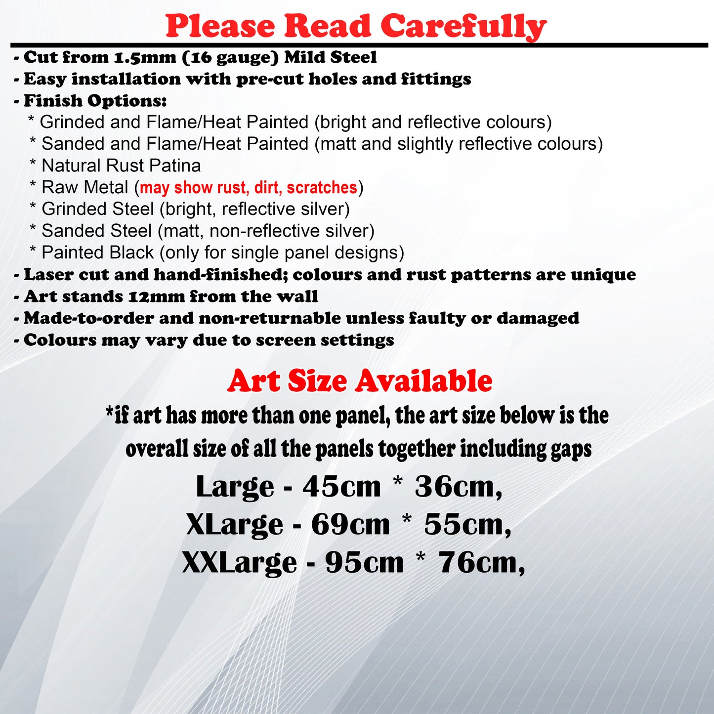 Metal Art Size Guide and art details like Material, finish options, fittings