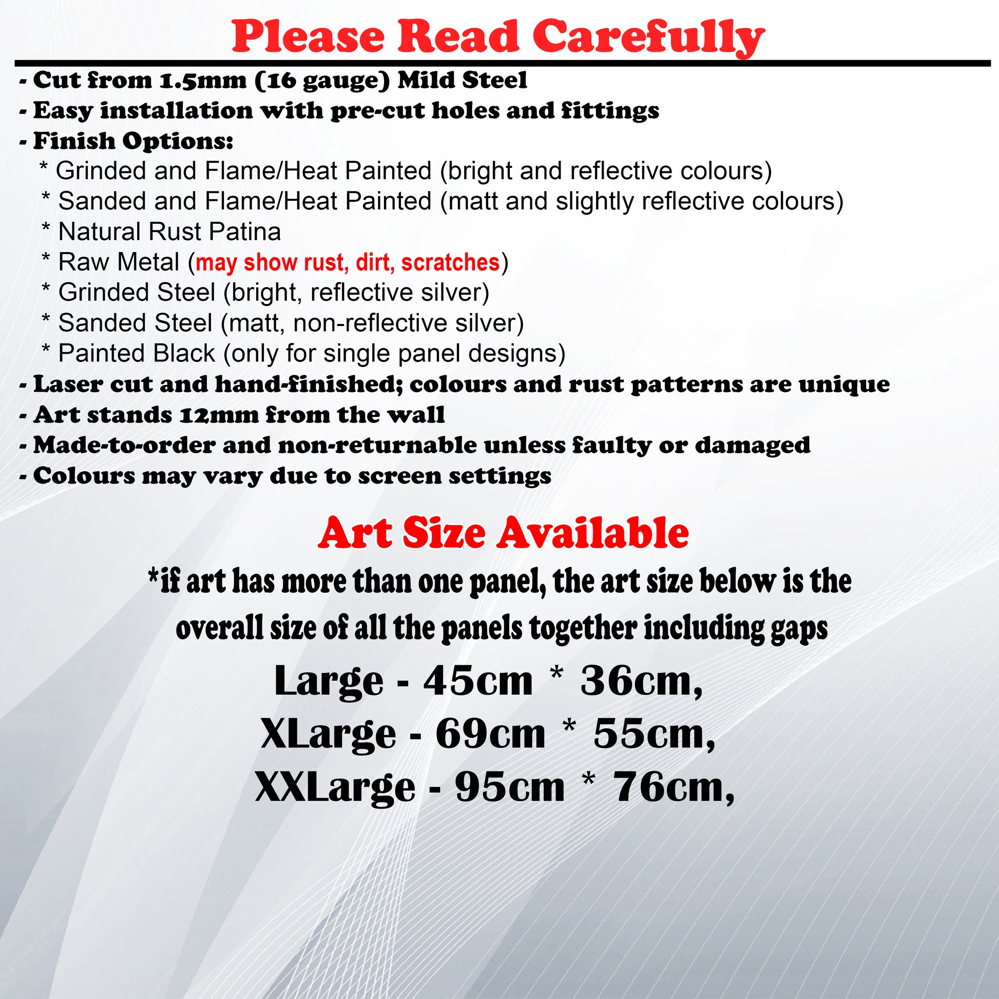 Metal Art Size Guide and art details like Material, finish options, fittings
