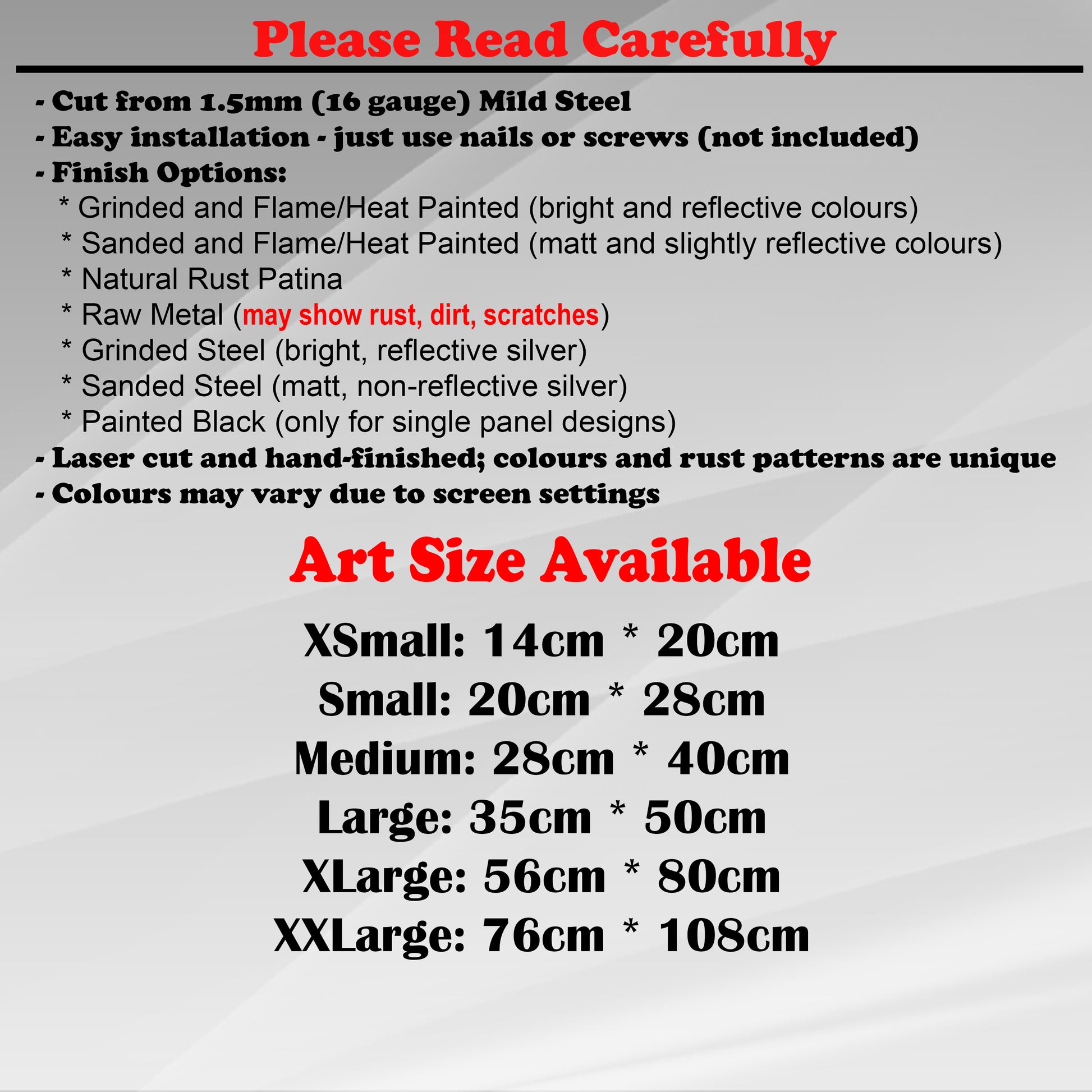 Duke Craft - Metal Garden Art Size Guide and art details, Material, finish options, fittings explained.