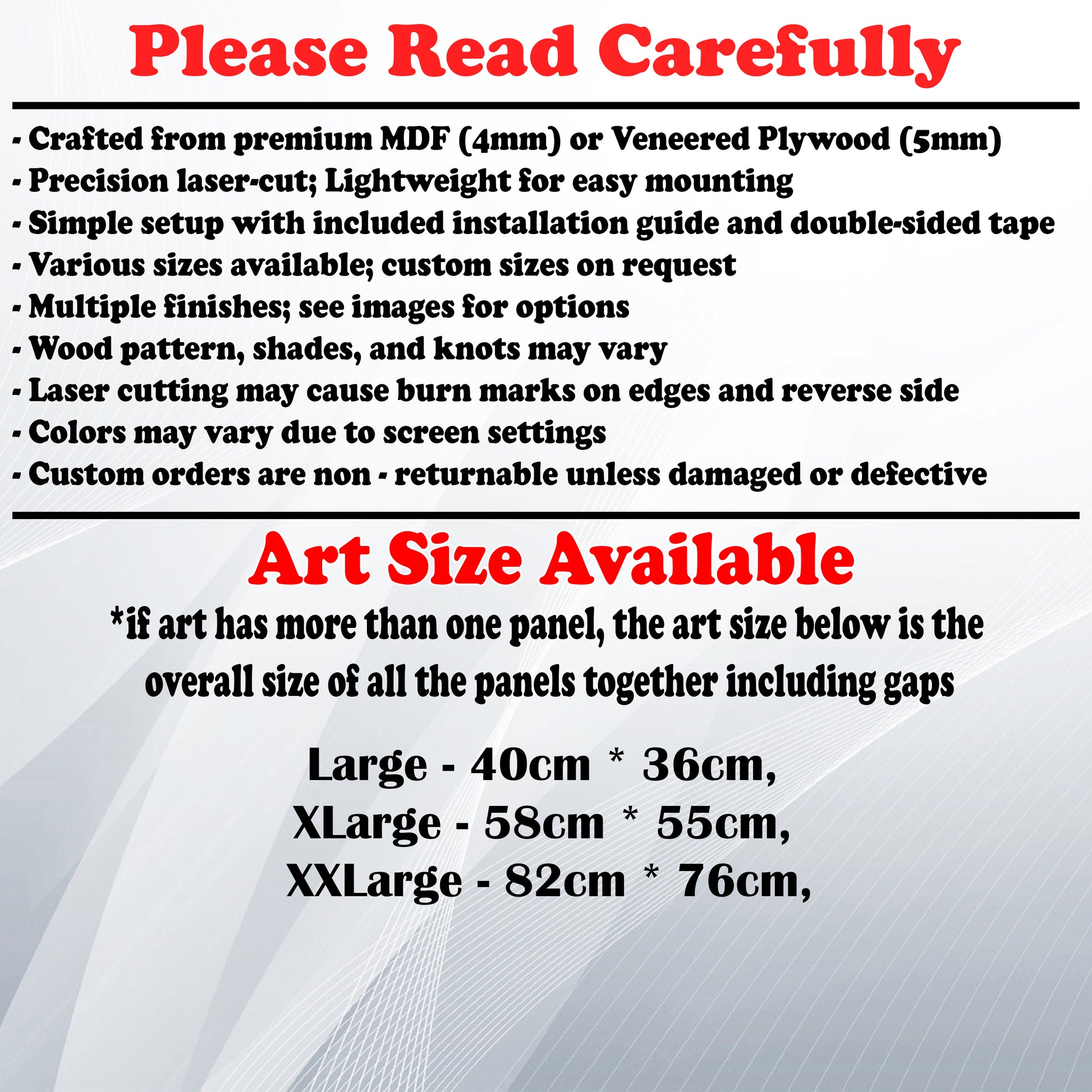 Wooden Art Size Guide and art details, Material, finish options, fittings.
