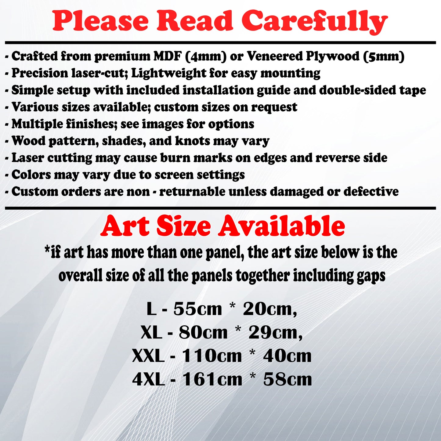 Wooden Art Size Guide and art details, Material, finish options, fittings.