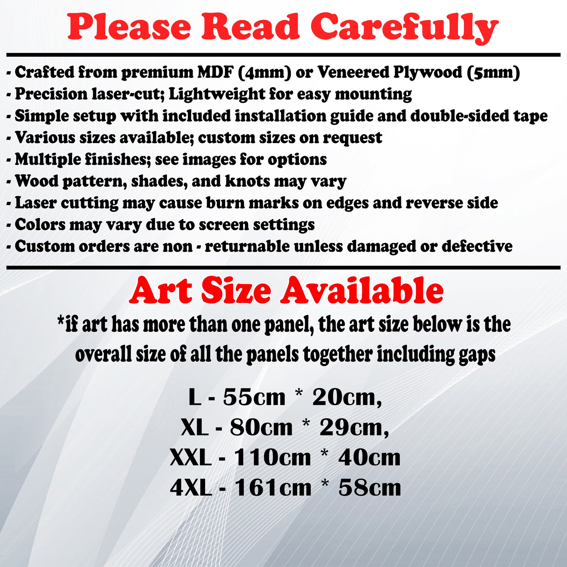 Wooden Art Size Guide and art details, Material, finish options, fittings.