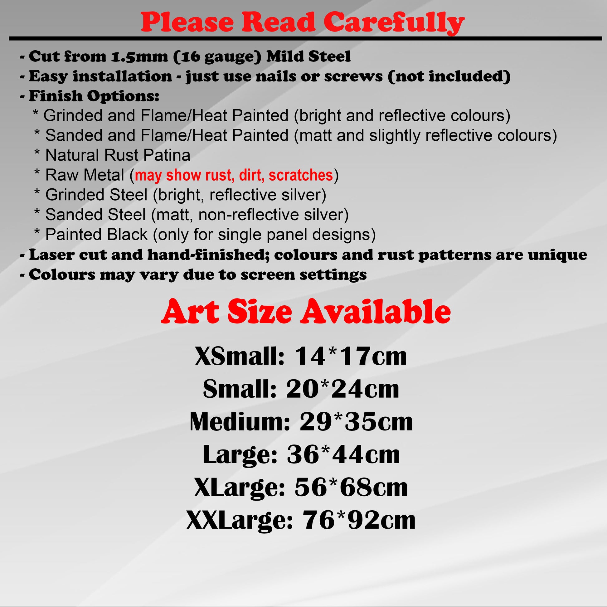 Duke Craft - Metal Garden Art Size Guide and art details, Material, finish options, fittings explained.