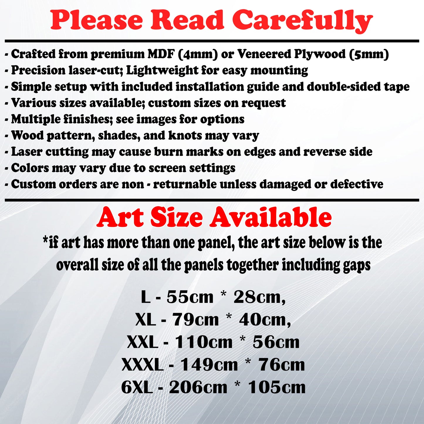 Wooden Art Size Guide and art details, Material, finish options, fittings.