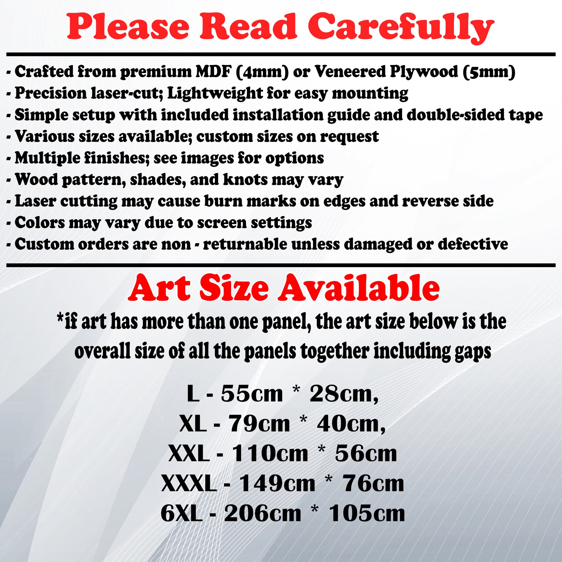 Wooden Art Size Guide and art details, Material, finish options, fittings.