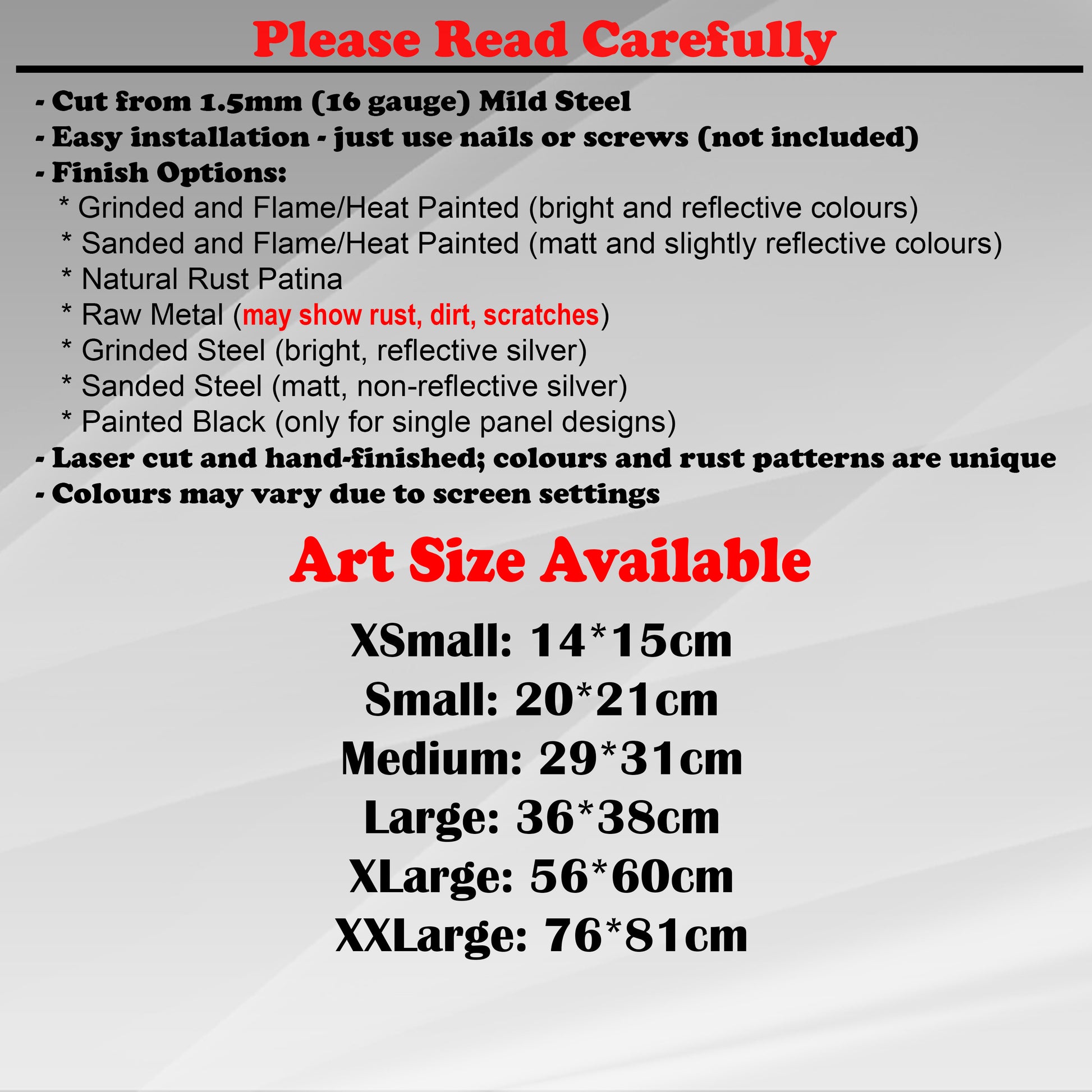 Duke Craft - Metal Garden Art Size Guide and art details, Material, finish options, fittings explained.